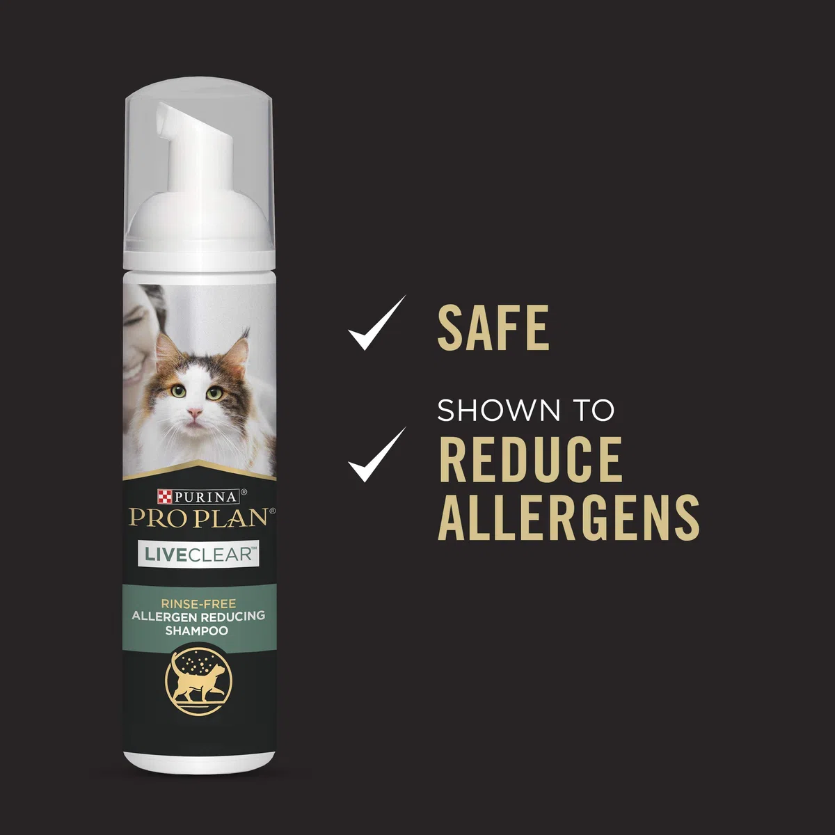 Purina Pro Plan Rinse Free, Allergen Reducing Dry Shampoo for Cats, LIVECLEAR Cleansing Foam - 8,5 oz