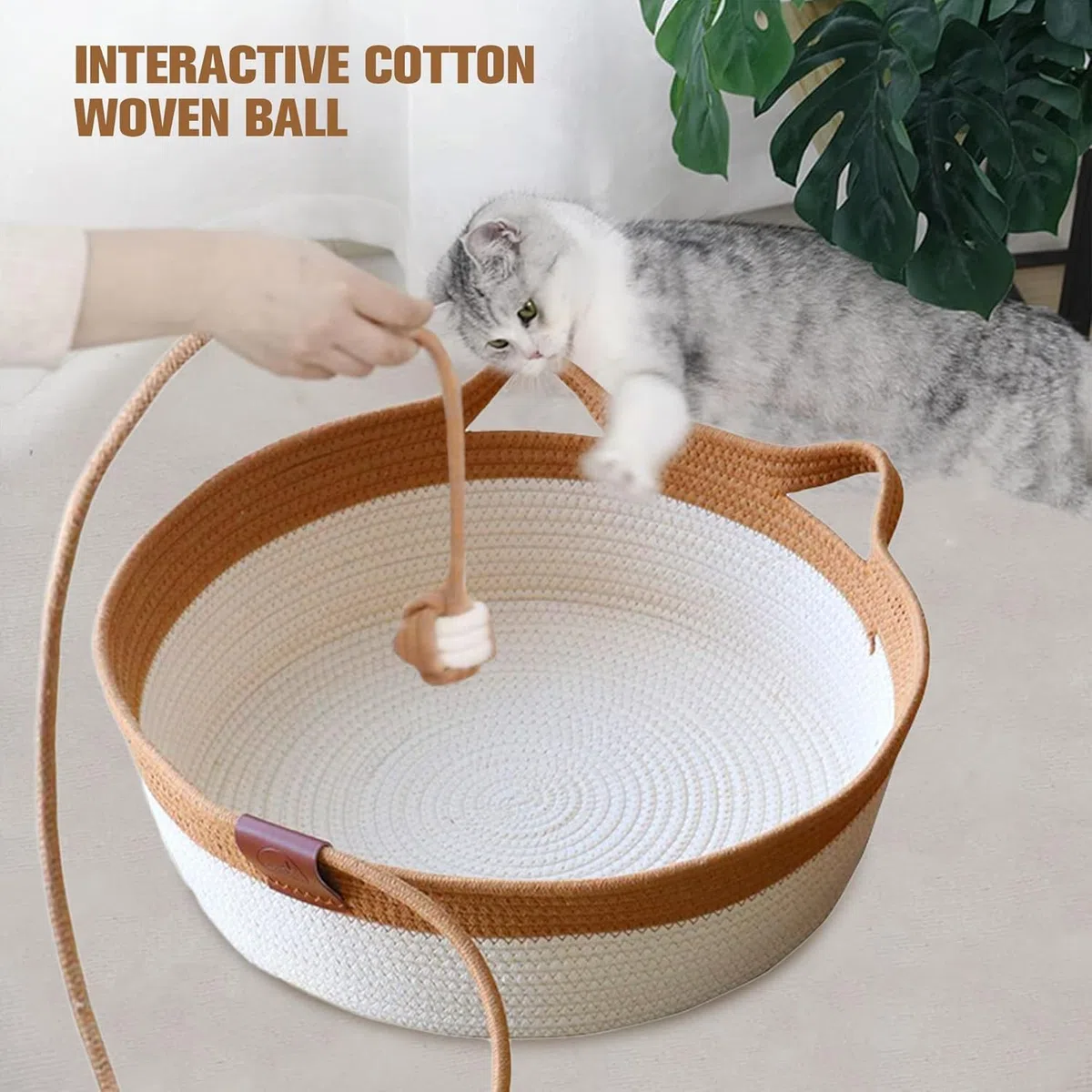MEISO Letto per Gatti Interni in Cotone Tessuto a Mano, Cesto con Coda Giocattolo, Pieghevole e Traspirante (M)