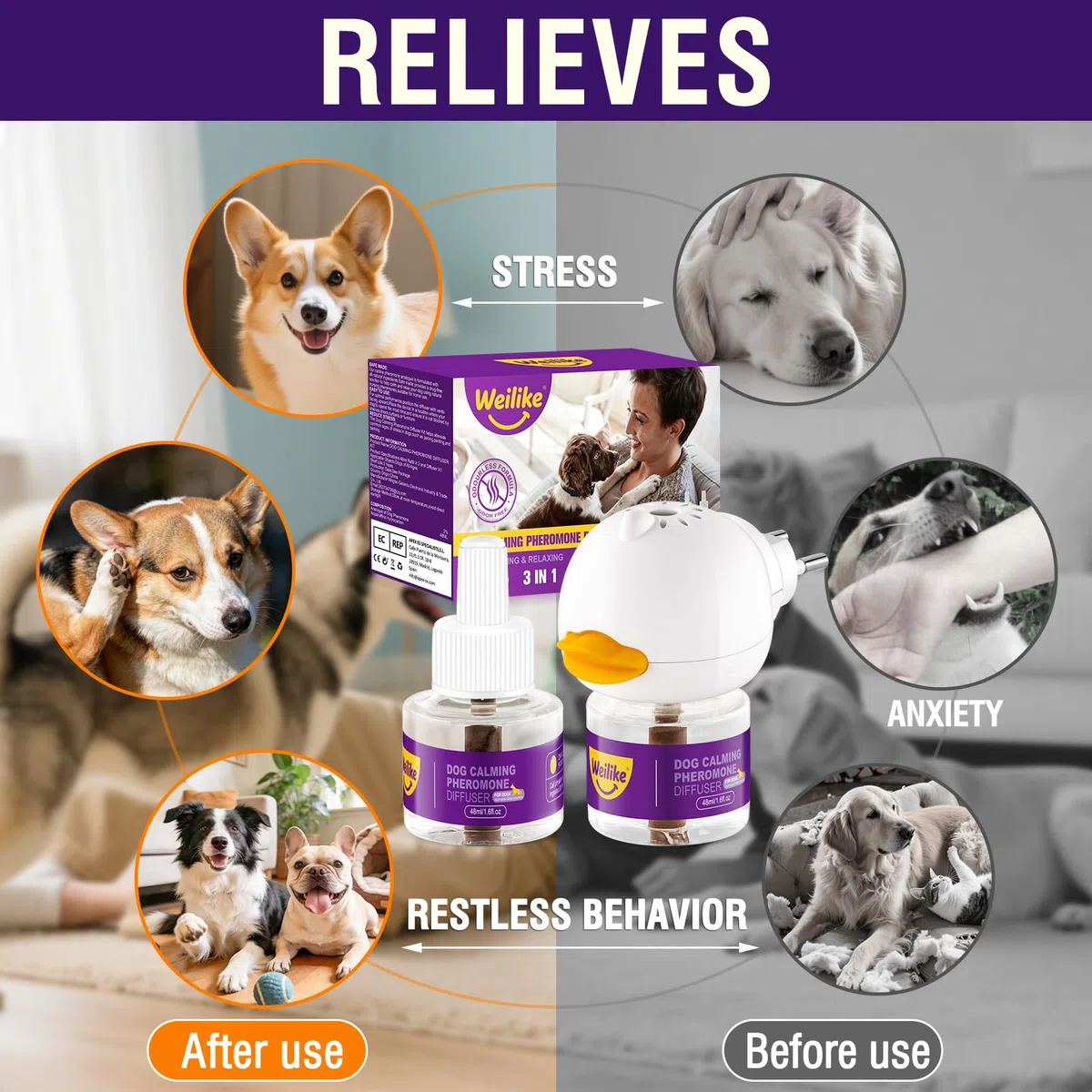 Diffusore di Feromoni Rilassanti per Cani,Sollievo Naturale dall'Ansia,Riduce Lo Stress e Favorisce Il Rilassamento,Formula Sicura ed Efficace,2 Ricariche