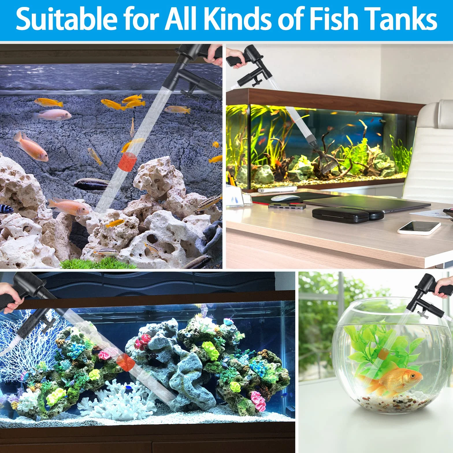 Pulizia Acquario Ghiaia, 5 in 1 Kit di Pulizia per Cambio d'Acqua Filtro con Pulsante di Pressione dell'Aria, Multifunzione Sifone Aspirapolvere Pulitore per Ghiaia per Cambia l'acqua, Succhia Sporco