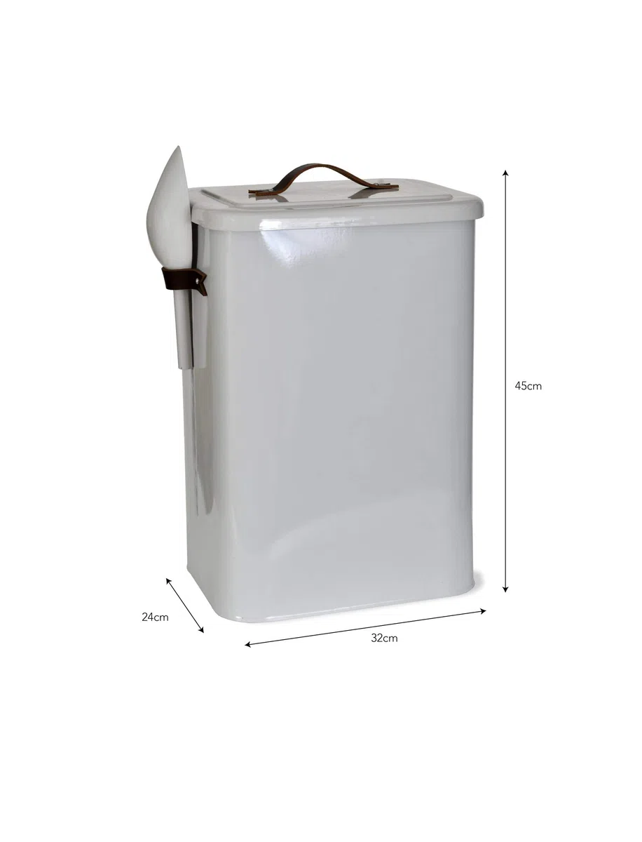CKB LTD Grande contenitore per alimenti per animali domestici, con paletta per cani, gatti, animali, in metallo, coperchio, manico in pelle, in acciaio color gesso, 13 kg, H 45 x L 32 x P 24 cm