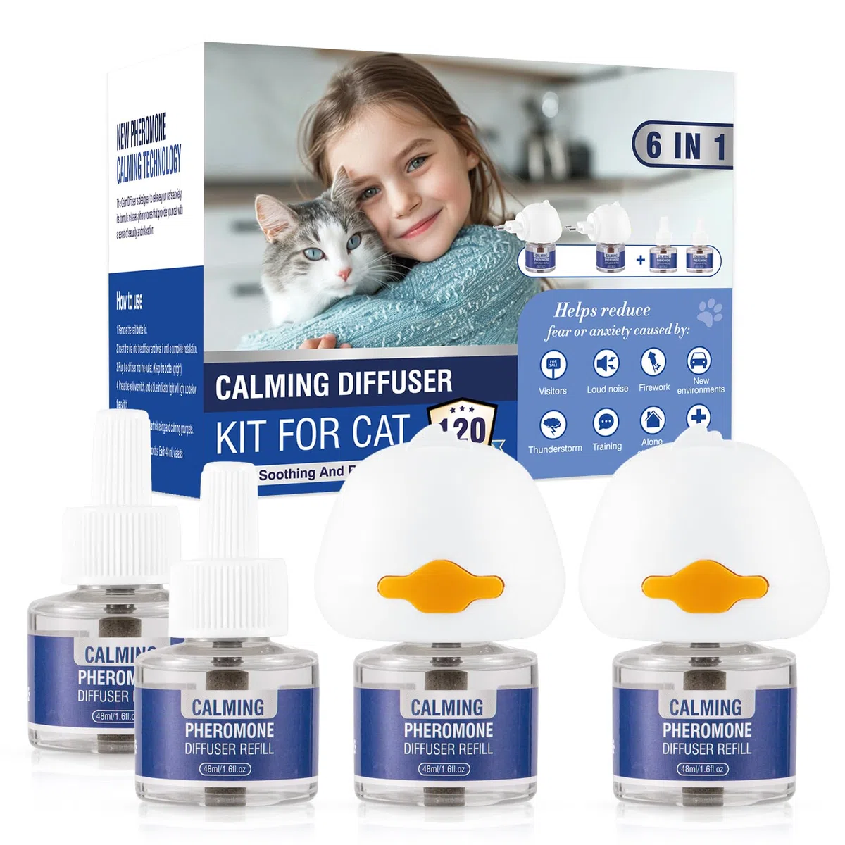 Piuess Feromoni Gatto Calmante 6 in 1 per Gatti Diffusore Kit Tranquillante Antistress Repellente Calmanti Irrequieti Felini Rilassanti Tranquillanti Feromoni Insapore（2 Tappo + 4 Ricariche da 48ml）