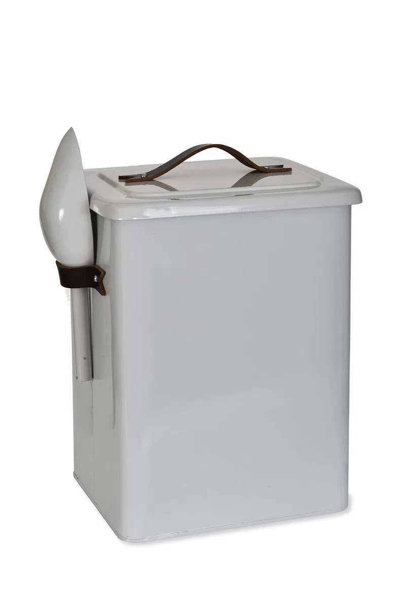 CKB LTD Grande contenitore per alimenti per animali domestici, con paletta per cani, gatti, animali, in metallo, coperchio, manico in pelle, in acciaio color gesso, 13 kg, H 45 x L 32 x P 24 cm