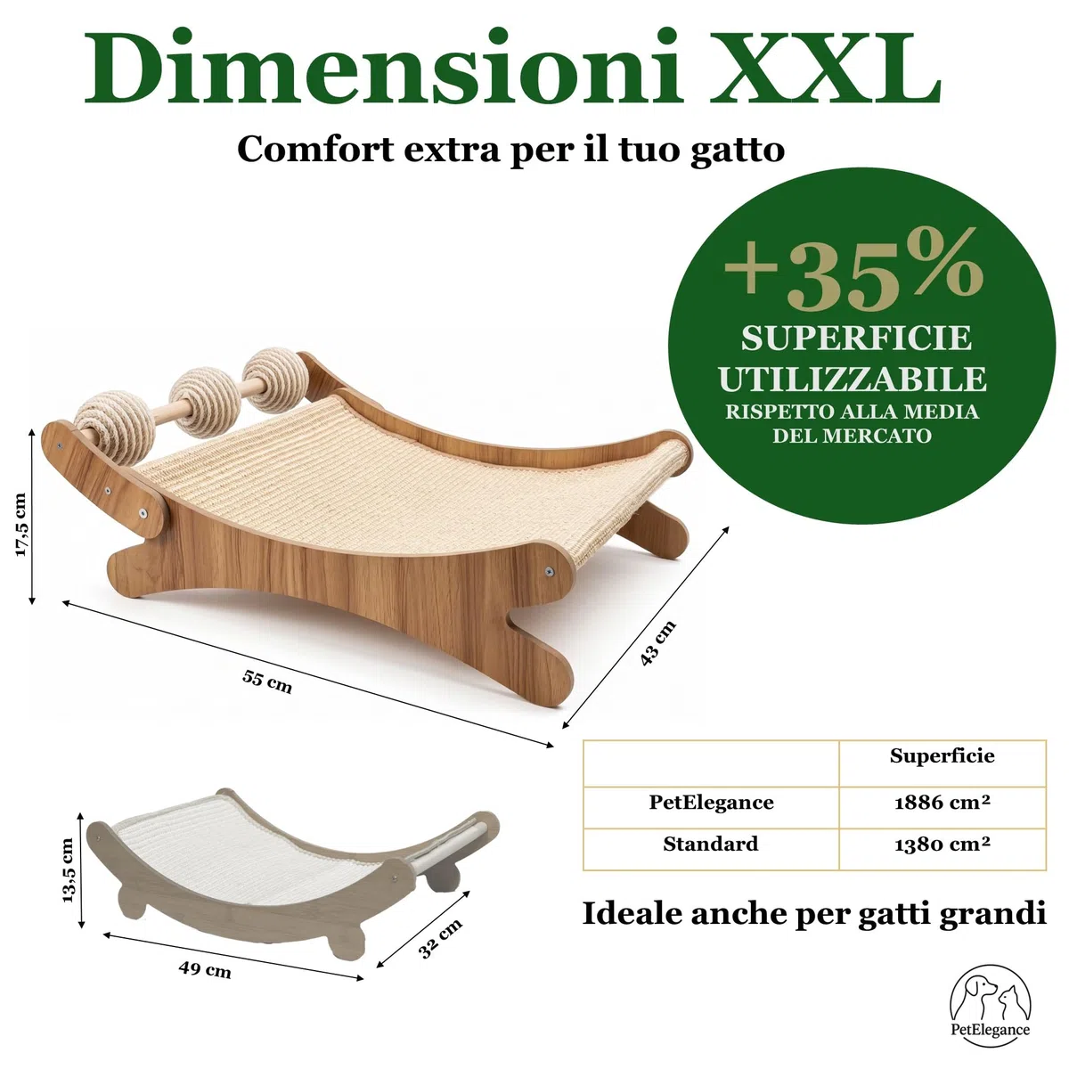 PetElegance -Tiragraffi per Gatti XXL - 3 in 1 con Palline Gioco - MDF e Sisal Naturale – Tiragraffi per Gatti Adulti Grandi, Centro Gioco e Relax - Design Elegante