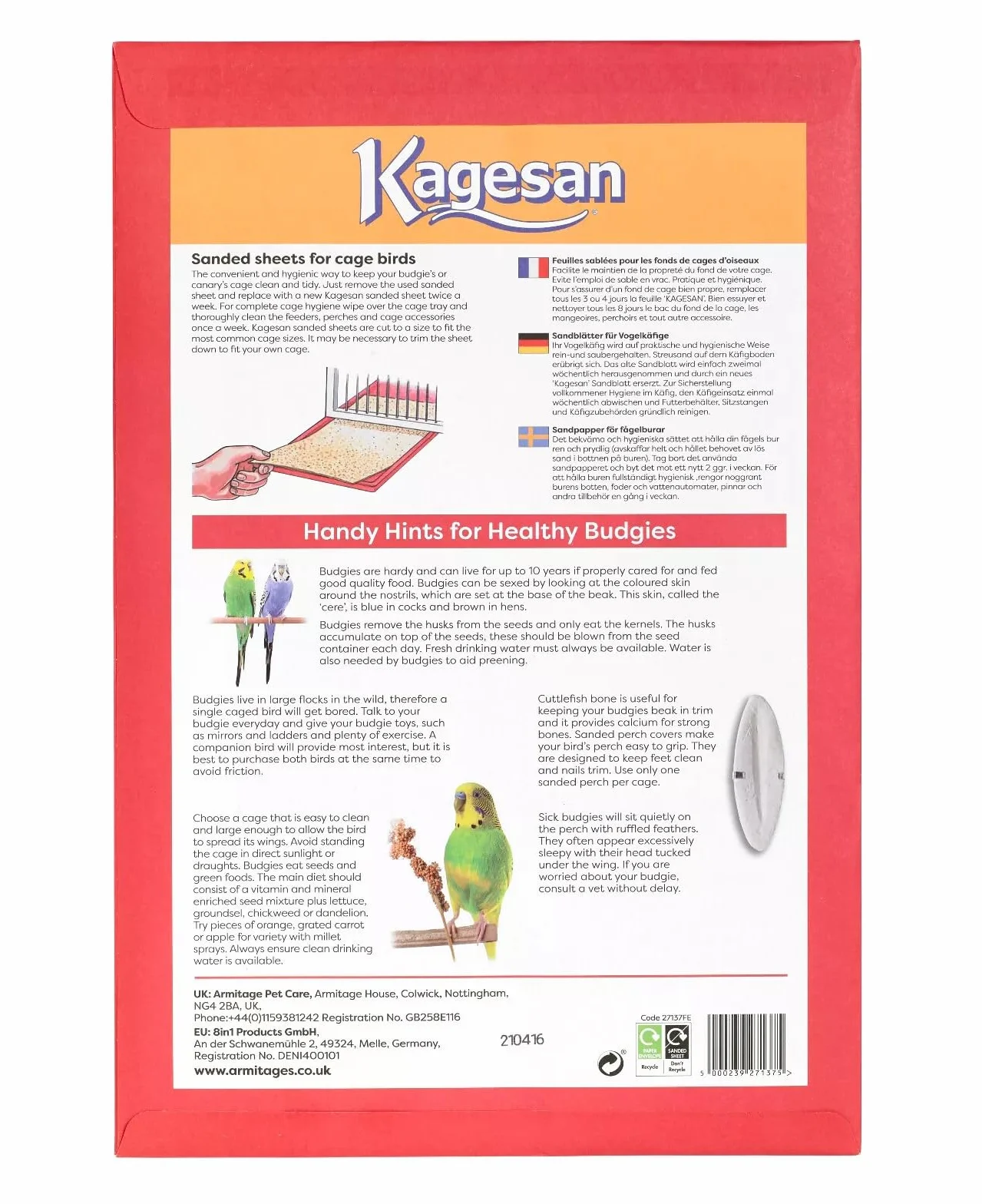 Confezione da 3 fogli di carta abrasiva Kagesan per gabbie per uccelli, 3 x 5 pezzi = 15 fogli 43 cm x 28 cm