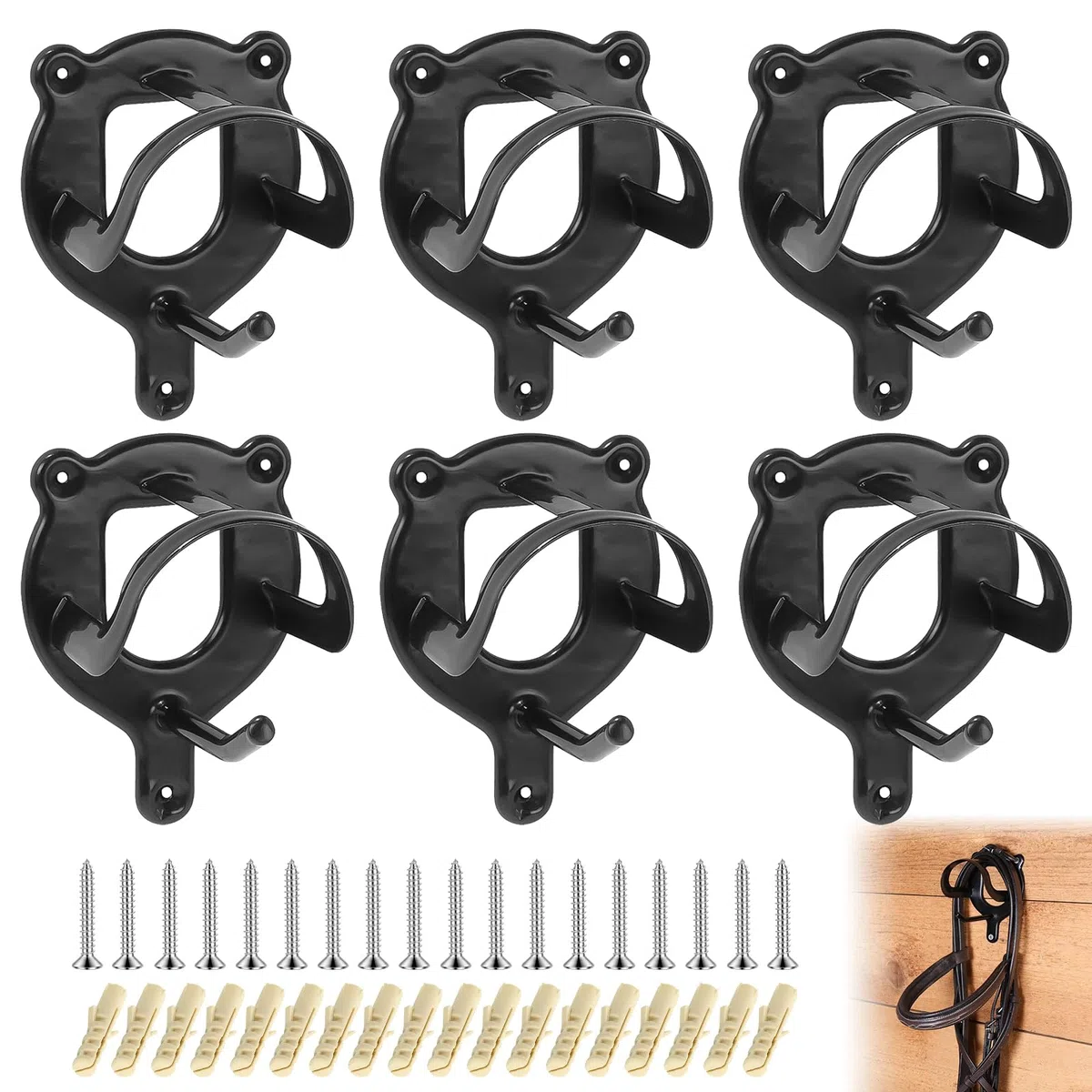 PORFOYO Equestrian Bridle Hanger - Supporto per briglie per cavalli, 6 pezzi, con tubi e vite, supporto per briglia, in metallo, per camera di sella, fienile, stalla (nero)