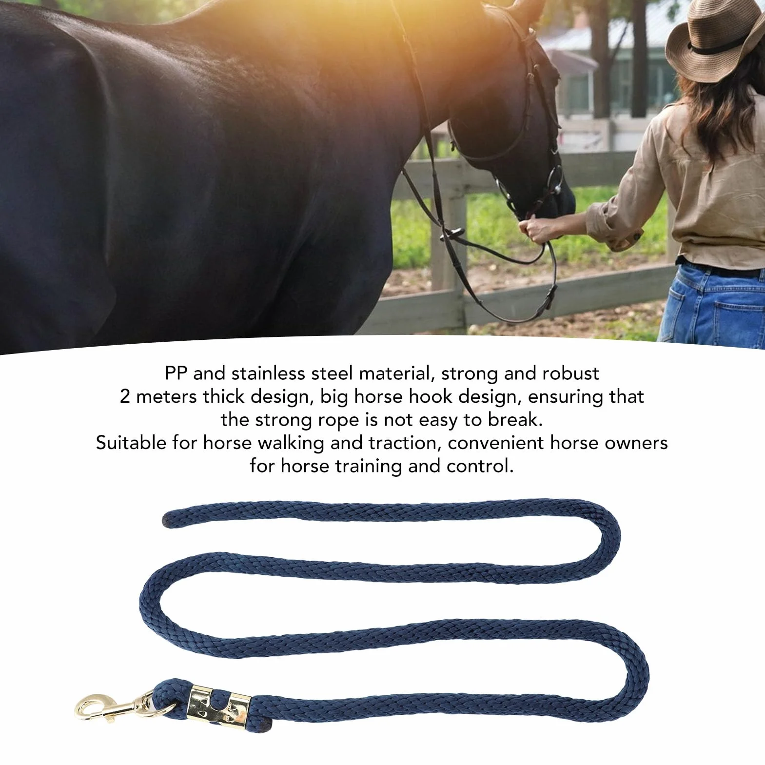 Linea di Affondo a Cavallo Corto da 2 M, Resistenza di Rottura di 1.500 Kg PP PP + Scap in Acciaio Inossidabile per L'allenamento del Puledro, Maneggevolezza (Blu navy)