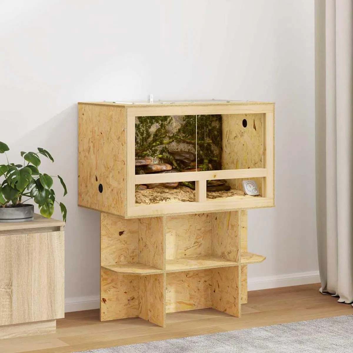 Terrario OSB Rustico per Rettili e Anfibi, 80x50x50 cm, con Termometro, Finitura Opaca Marrone, Spazioso e Durevole, per Uso Interno, Assemblaggio Richiesto