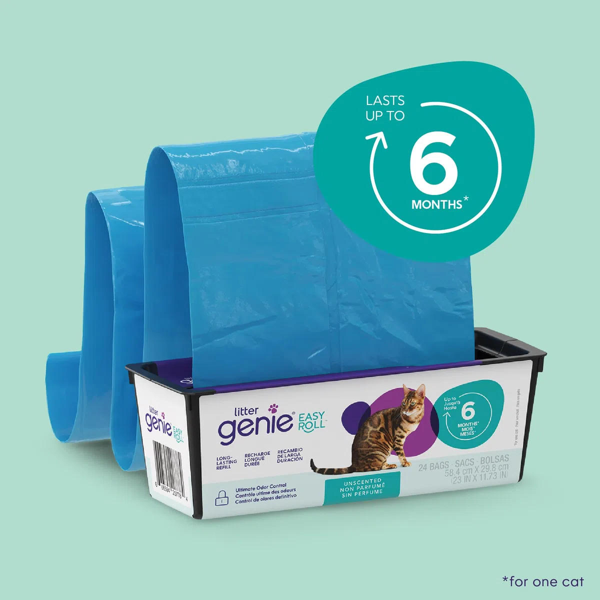 Litter Genie Sacchetti di ricarica facili da arrotolare (1 pezzo) | Include un rotolo di 6 mesi di lunga durata di 24 sacchetti | Ultimate Odor Control Cat Litter Bags