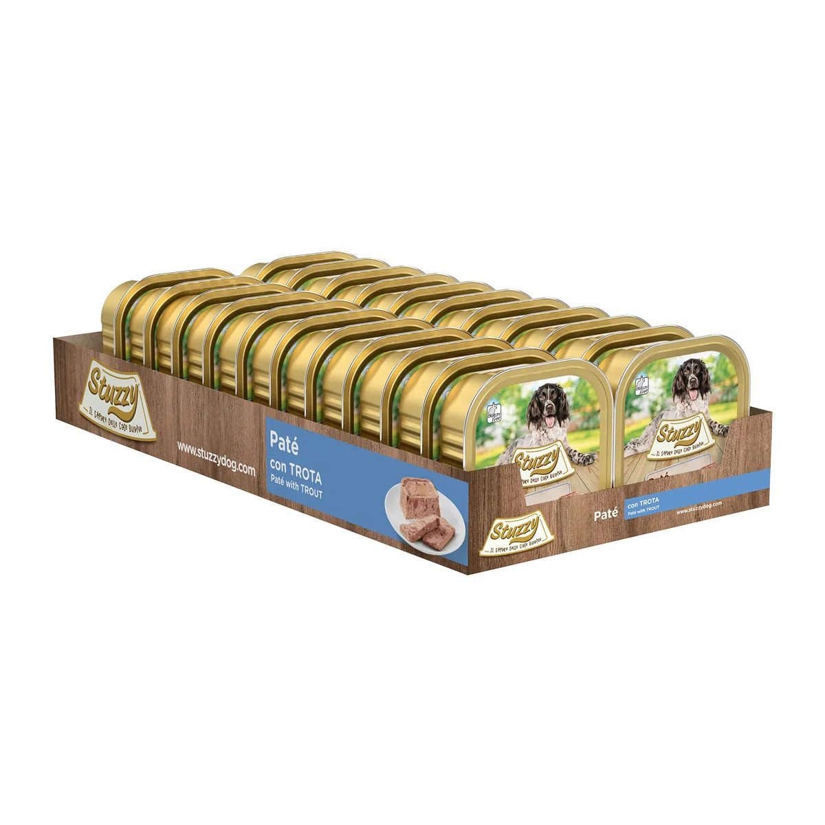 Stuzzy, Cibo Umido per Cani Adulti al Gusto Trota, Paté e Carni in Pezzi - Totale 3,3Kg (22 Vaschette da 150G)