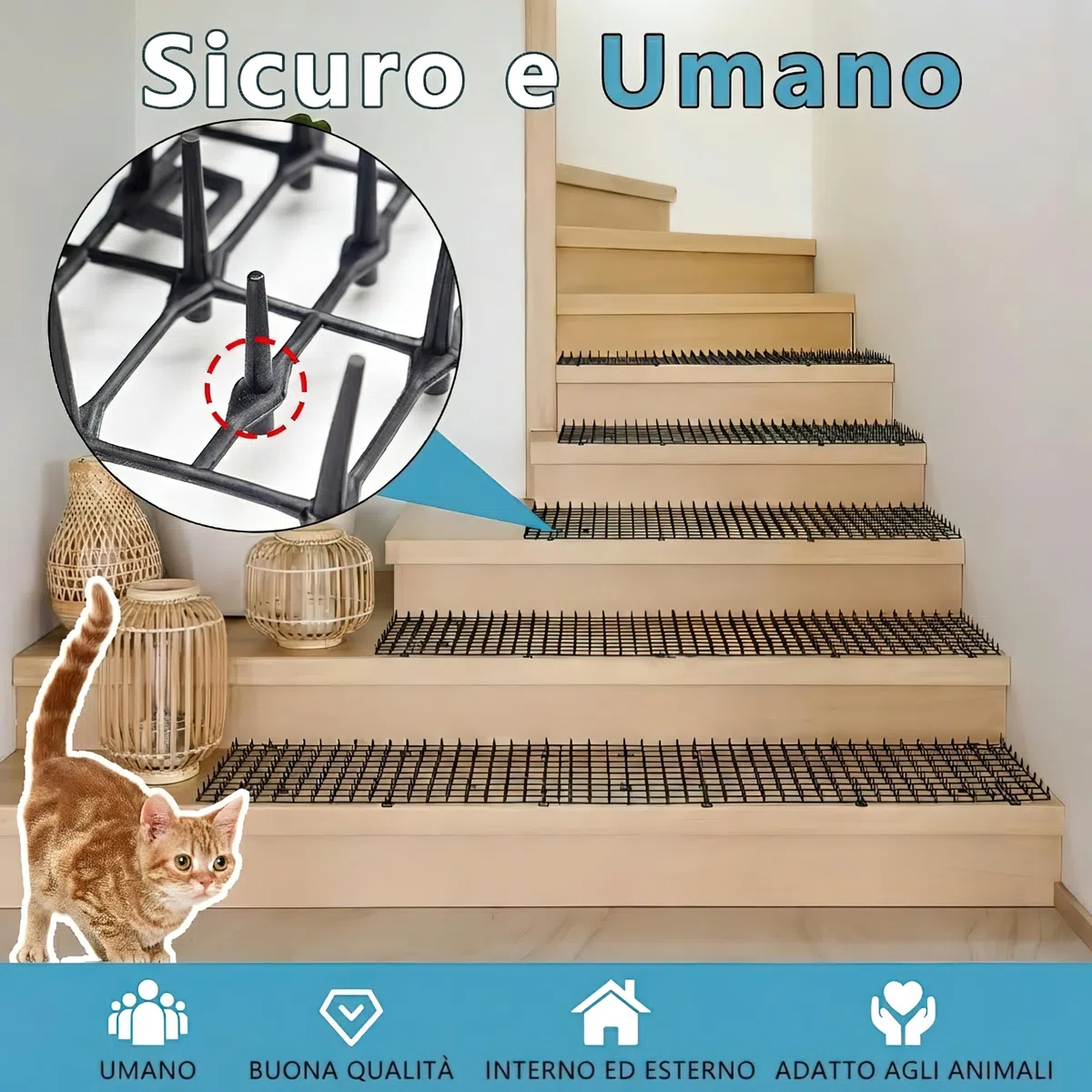 Tappetino repellente per animali domestici, bianco, 2 m, con 8 picchetti a terra, 8 fascette con zip, tappetino repellente per gatti con punte delicate per giardino/cortile, tappetino