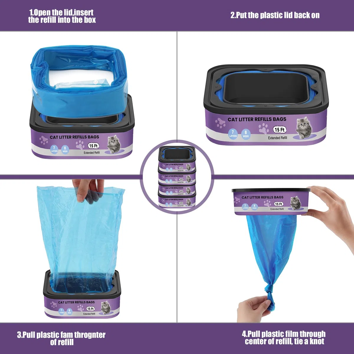 compatibili con i modelli Litter Genie Standard,Plus,XL e Style Box Refills,Controllo dell'odore super potente，Ricarica per Gatti，4,5 m per confezione, 4 ricariche