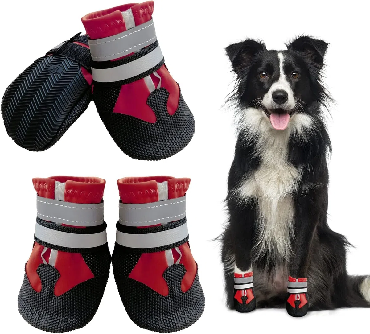 Scarpe per cani, protezione zampe, 4 pezzi, traspiranti, per cani, per attività all'aperto, estive, antiscivolo, con suola antiscivolo, per cani di taglia piccola, media e grande, rosso, XXL