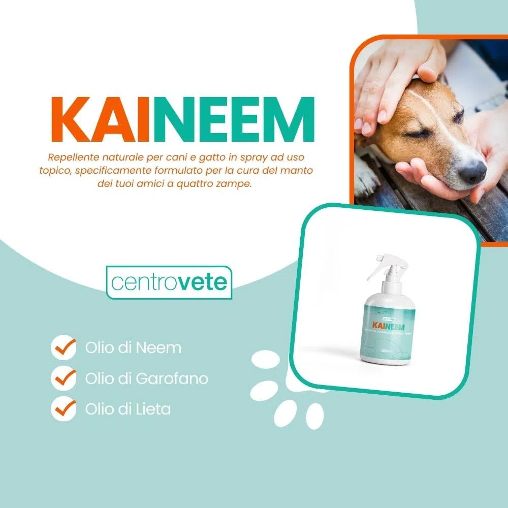 Centrovete - Kaineem Spray Repellente All'Olio di Neem - Per Cani e Gatti - Antiparassitario Naturale con Effetto Barriera Contro Parassiti Esterni - 2 Flaconi Spray da 300ml