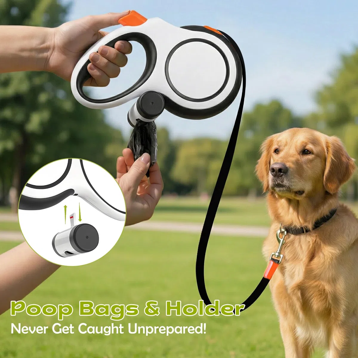 Guinzaglio per Cani Allungabile 8m(Fino a 50 kg), Guinzaglio Retrattile per Cani con Portasacchetti Integrato e Pulsante di Freno Rapido, Guinzaglio Esteso Senza Grovigli a 360° (Bianco, 8m)
