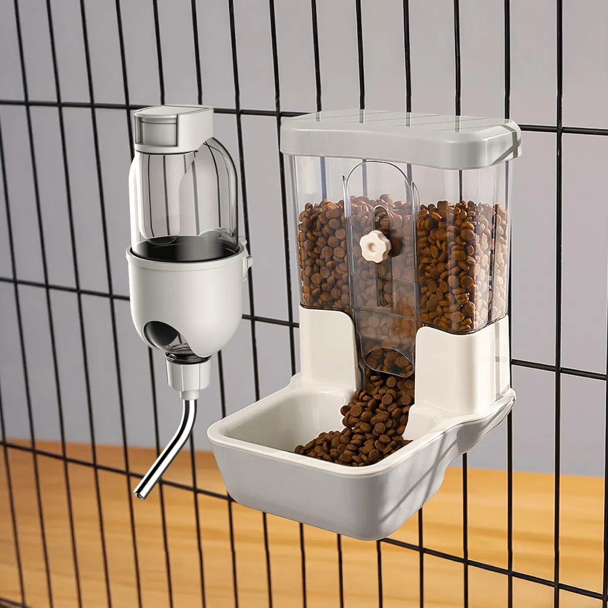 Distributore Automatico di Cibo e Acqua per Animali Domestici, Set di Fontane a Gravità per Gabbie di Cani, Gatti, Conigli, Porcellini d'India, Cincillà, Furetti, Ricci (Grigio)