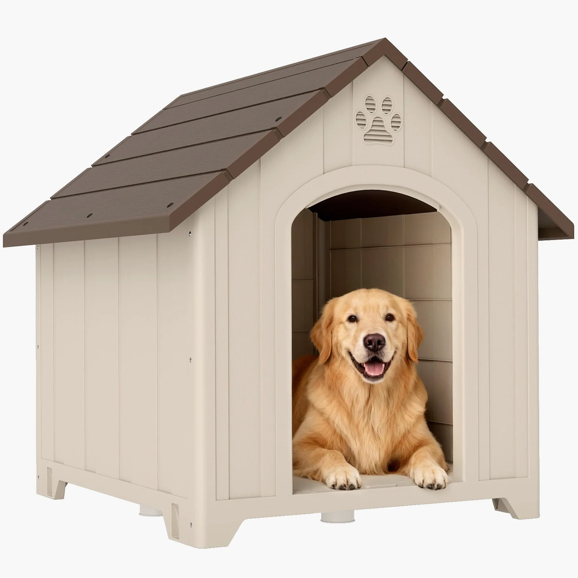 PawHut Cuccia per Cani da Esterno, Taglia Media Grande, Casetta per Cani in Plastica Impermeabile con Base Rialzata, Finestre e Tetto Spiovente per Giardino, Patio, Terrazza, Casa, 88x78x89 cm, Beige