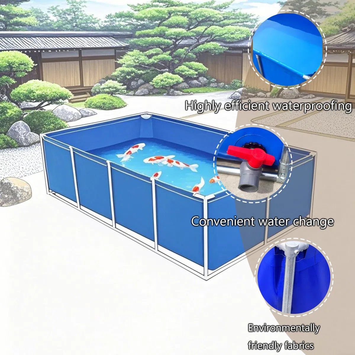Stagno per pesci in PVC con valvola di scarico, piscina temporanea con telaio in acciaio per animali acquatici, 2 x 2 x 0,5 m, blu-nero, serbatoio per pesci d'acqua salata