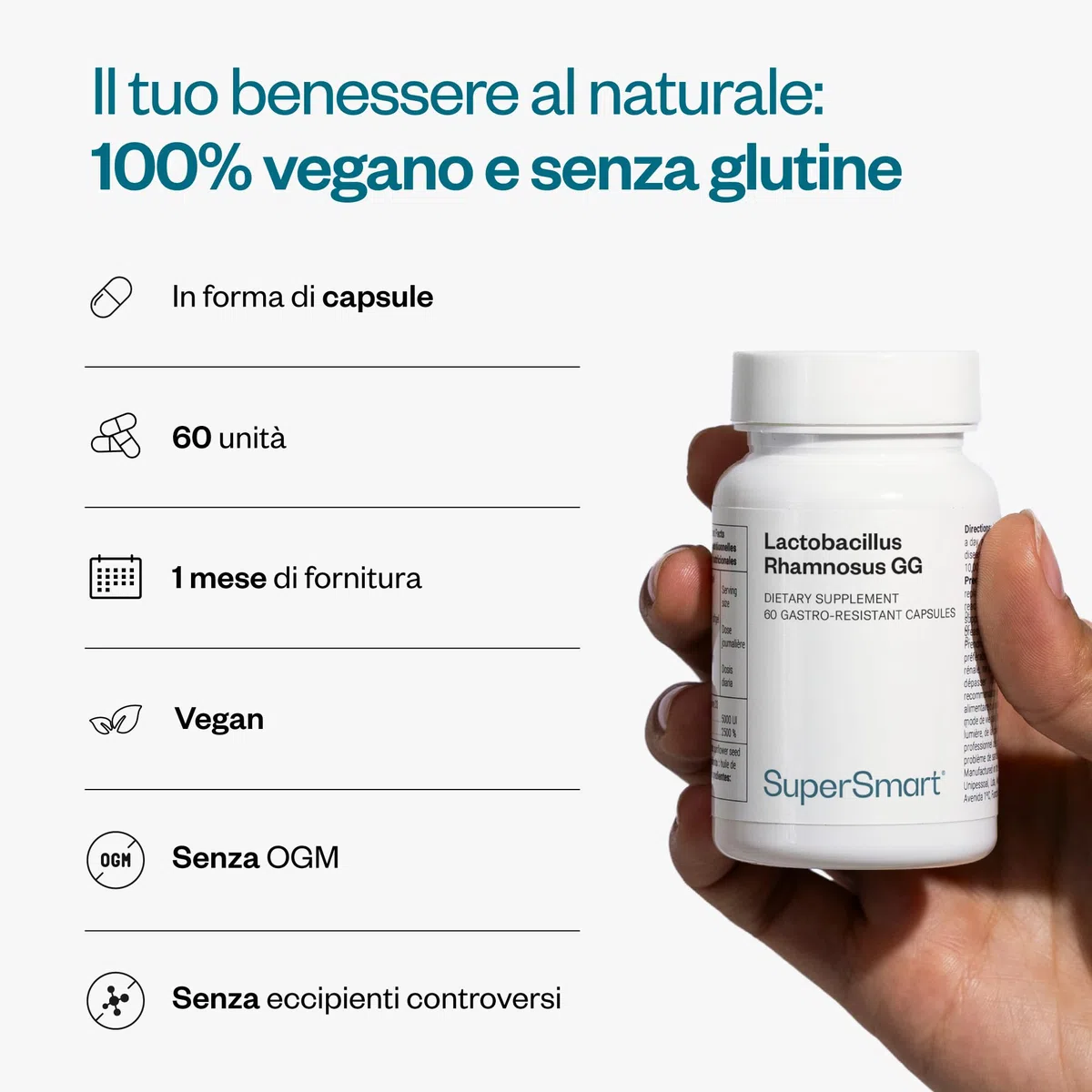 Lactobacillus Rhamnosus GG - Probiotico - Equilibra il Microbiota e la Flora Intestinale - Rinforza il Sistema Immunitario - Stimola la Produzione di Lactobacillus - 60 Capsule - SuperSmart