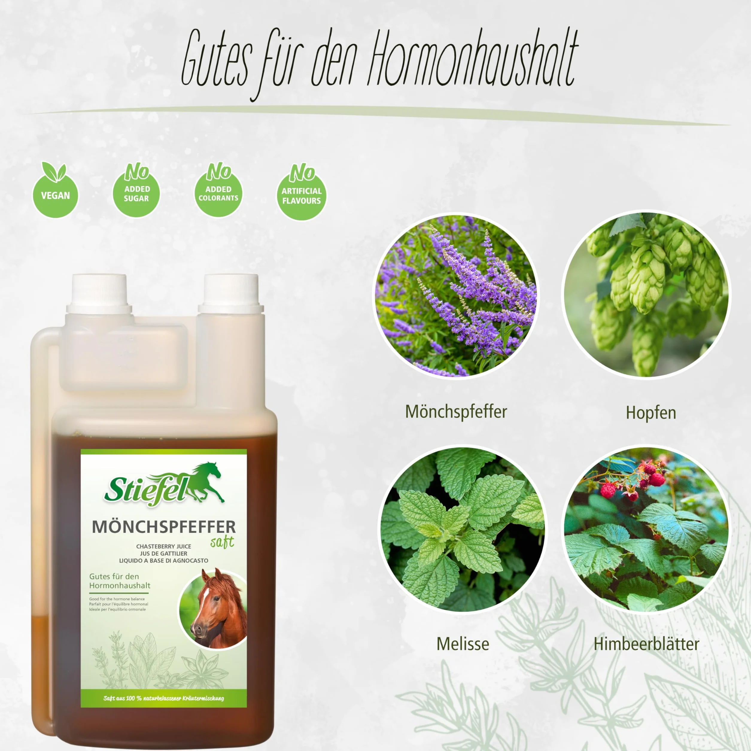 Stiefel Succo di pepe monaco | 1 l | Mangime complementare liquido per cavalli | Aiuto per problemi di rose, amore e cushing | Soluzione naturale per la regolazione degli ormoni