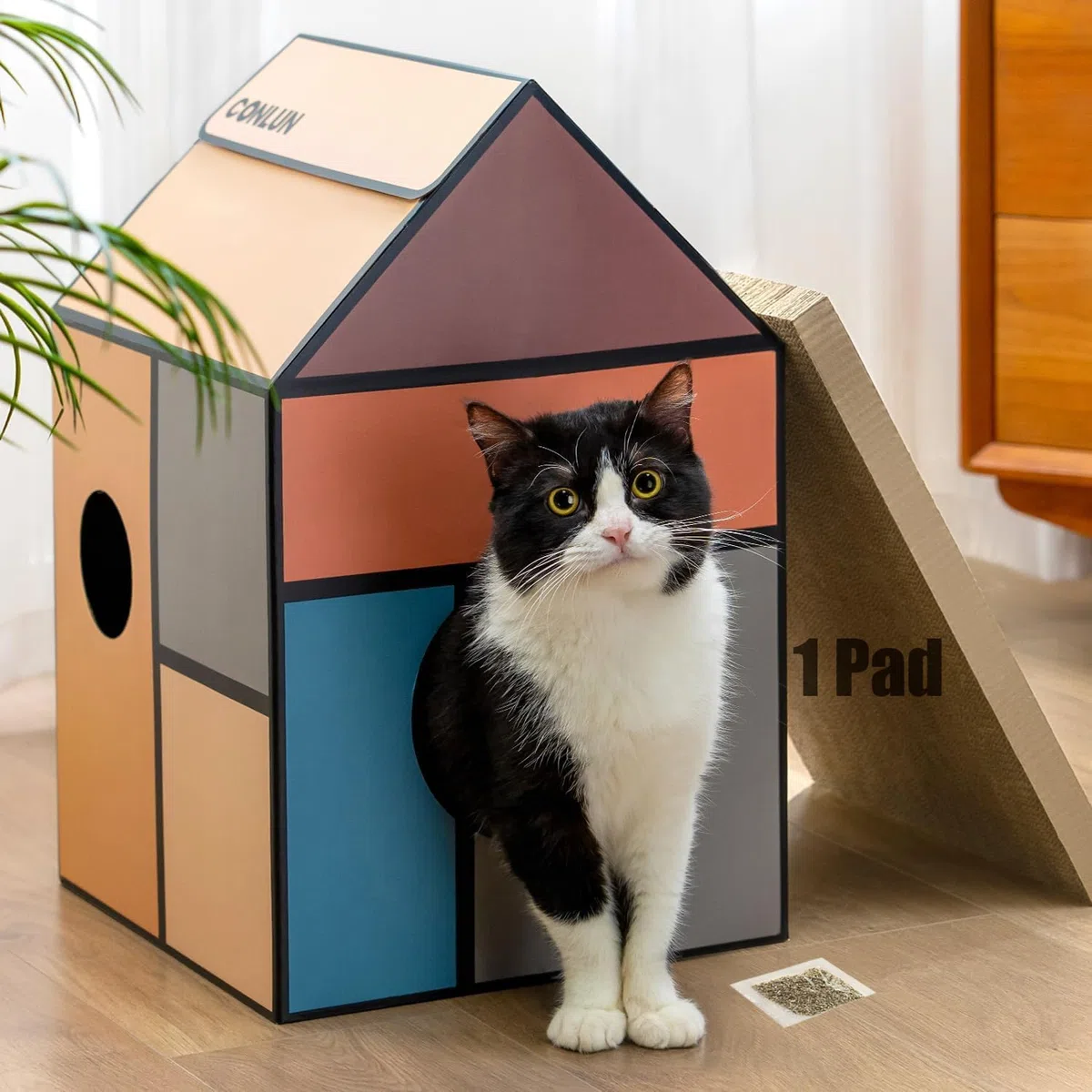 Conlun Cuccia Gatto in Cartone con Tiragraffi per Gatti & Catnip, Casa per Gatti in Cartone Facile da Montare, Adatta a Decorazioni Domestiche, Tiragraffi Gatto Domestici e Piccoli Animali, Medio
