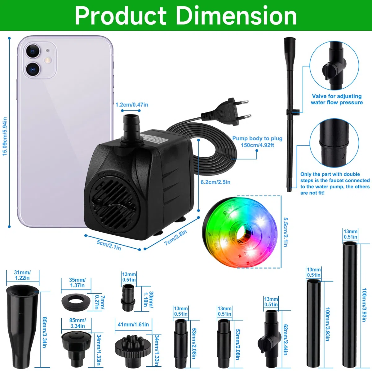 NATPOW Pompa Acquario Sommergibile con RGB LEDs, 800L/H 180-240V 15W Pompa Laghetto Ultra Silenzioso, Laghetto Pompa Acqua con 3 Ugelli per Giardino, Laghetto, Cascata