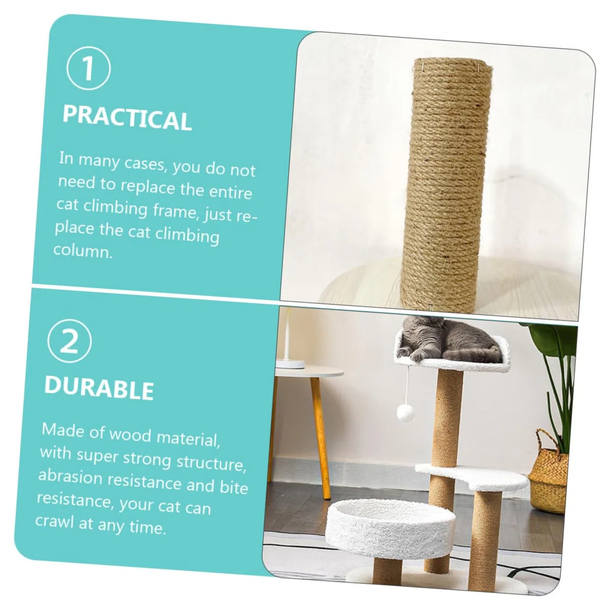 Abaodam Colonna di Arrampicata per Gatti Tiragraffi Corda, Ricambio in Legno Resistente Ø 6cm X 40cm, Accessorio per Struttura Fai da Te, Adatta a Gattini e Gatti per Giochi Sicuri