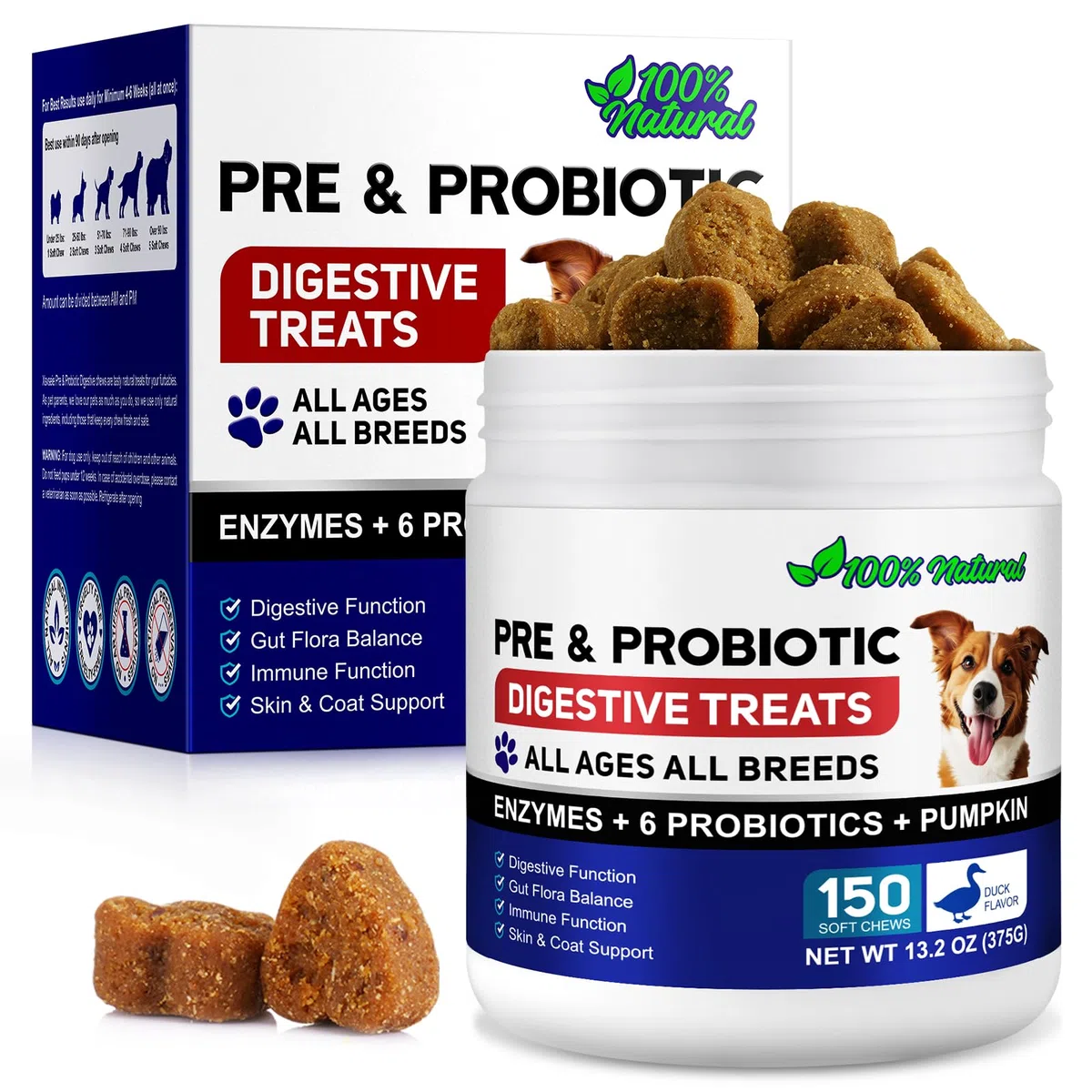 Probiotici per Cani, 150 Pezzi Probiotici per la Salute Intestinale dei Cani, Pre e Probiotici per il Supporto della Salute Digestiva del Cane, Salute Intestinale e Immunità, Sapore di Anatra