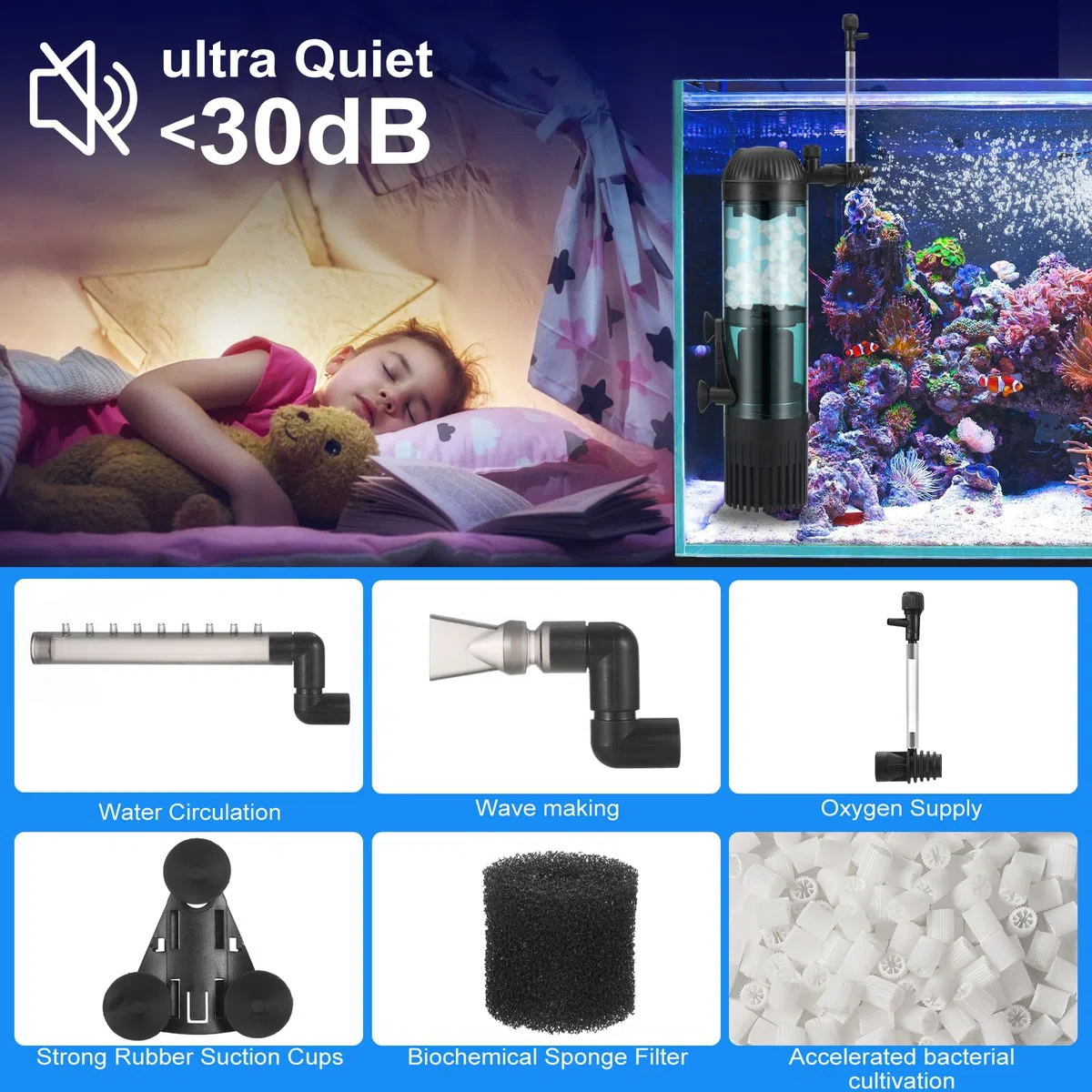 Filtro interno per acquario da 6 W con filtraggio del flusso di 500 l/h, ossigenazione, circolazione per acqua pulita, flusso d'aria regolabile, basso rumore e silenzioso