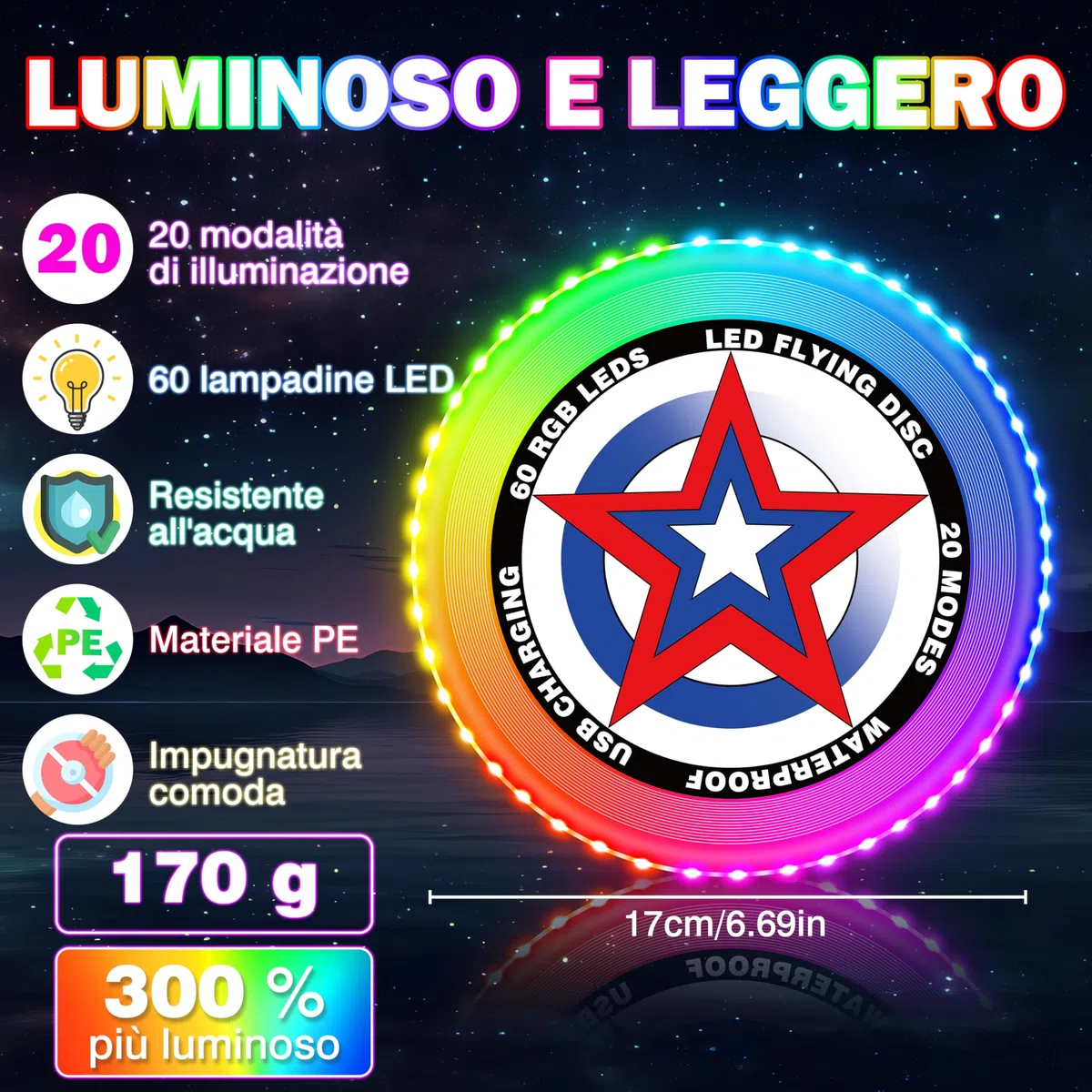 IEEILULU LED Frisbee, Disco Luminoso con 20 Effetti di Luce, Impermeabile, Frisbee con 49 LED, Giocattoli e Giochi Sportivi da Esterno per Prato sulla Spiaggia, Regalo per Adulti Bambini