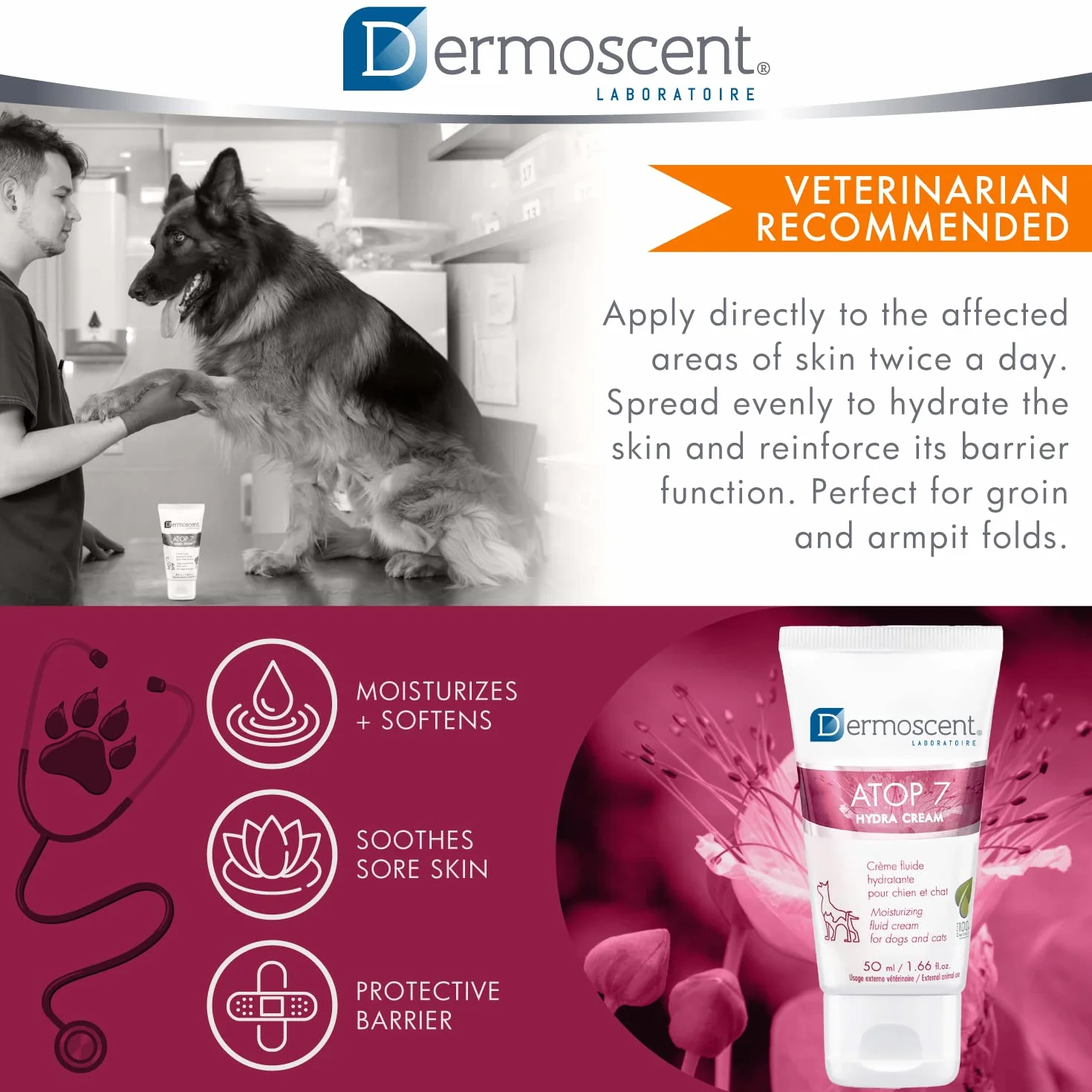 Dermoscent ATOP 7 Hydra Cream per cani e gatti per alleviare il prurito della pelle secca e soggetta ad allergie - Formulato dal dermatologo veterinario - 50 ml / 1,66 fl. oncia.