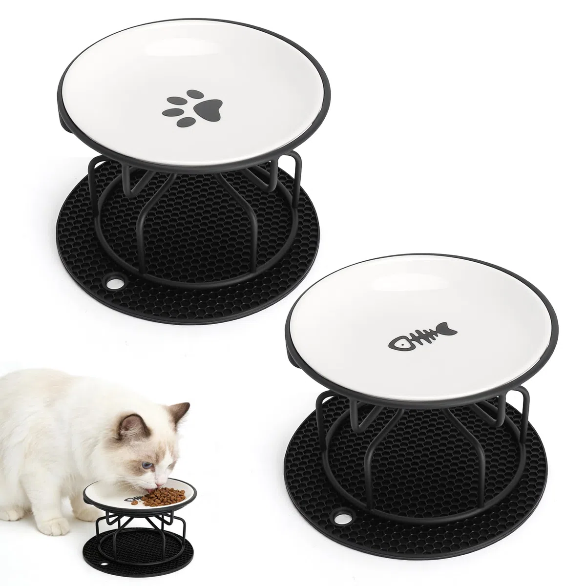 Ciotola Gatto Rialzata Ciotola Gatto CeramicaCiotola perGatto Rialzata CiotoleGattoRialzate - Set 2 Ciotole con Supporto Metallo e Tappetino Silicone Antiscivolo, CiotolaGatto Cibo Acqua
