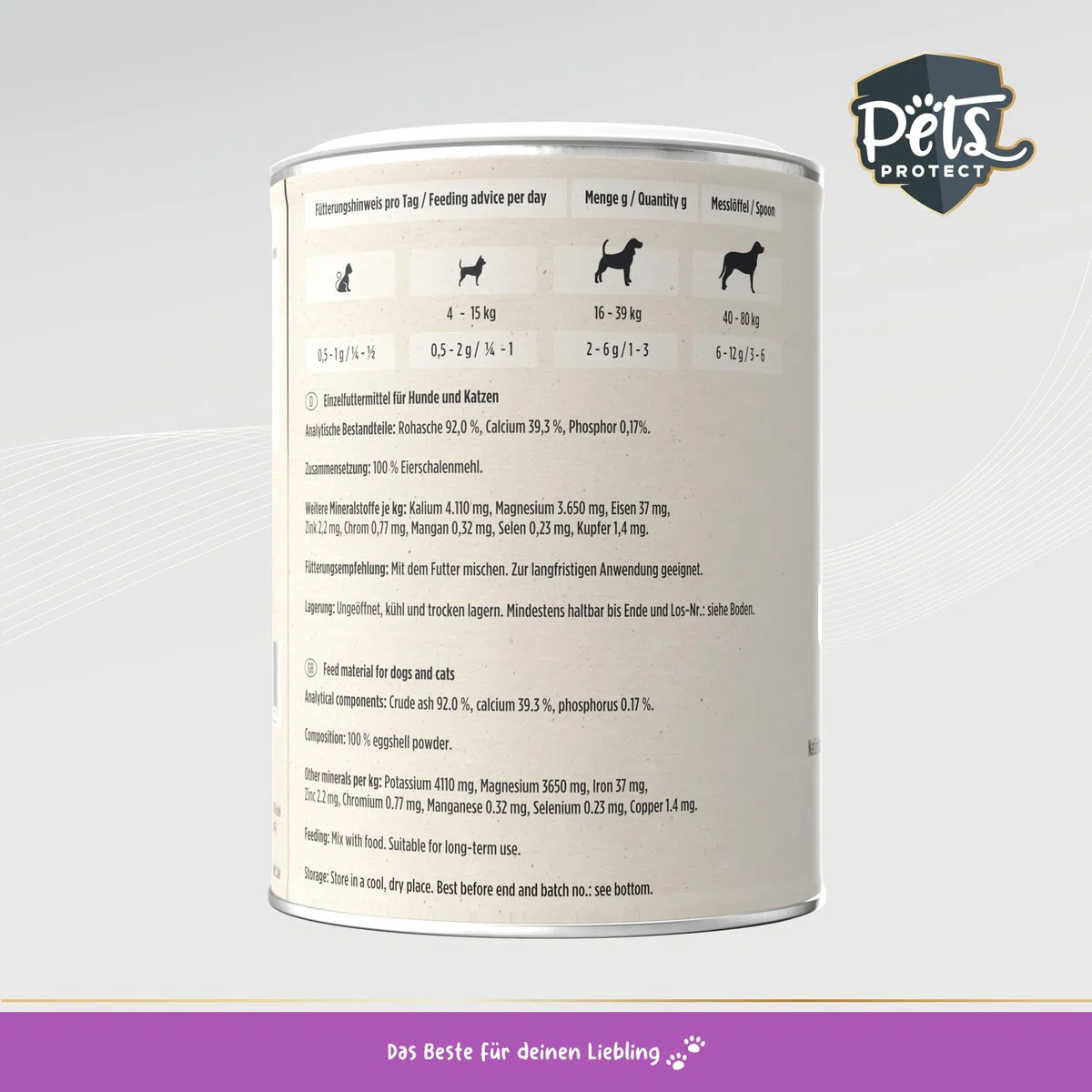 Pets PROTECT Polvere di Guscio d'uovo Biologico, 200 g, fonte Naturale di Calcio per Cani e Gatti, Farina di Guscio d'uovo Biologico, Ricca di minerali e Sostanze nutritive ad Alta biodisponibilità