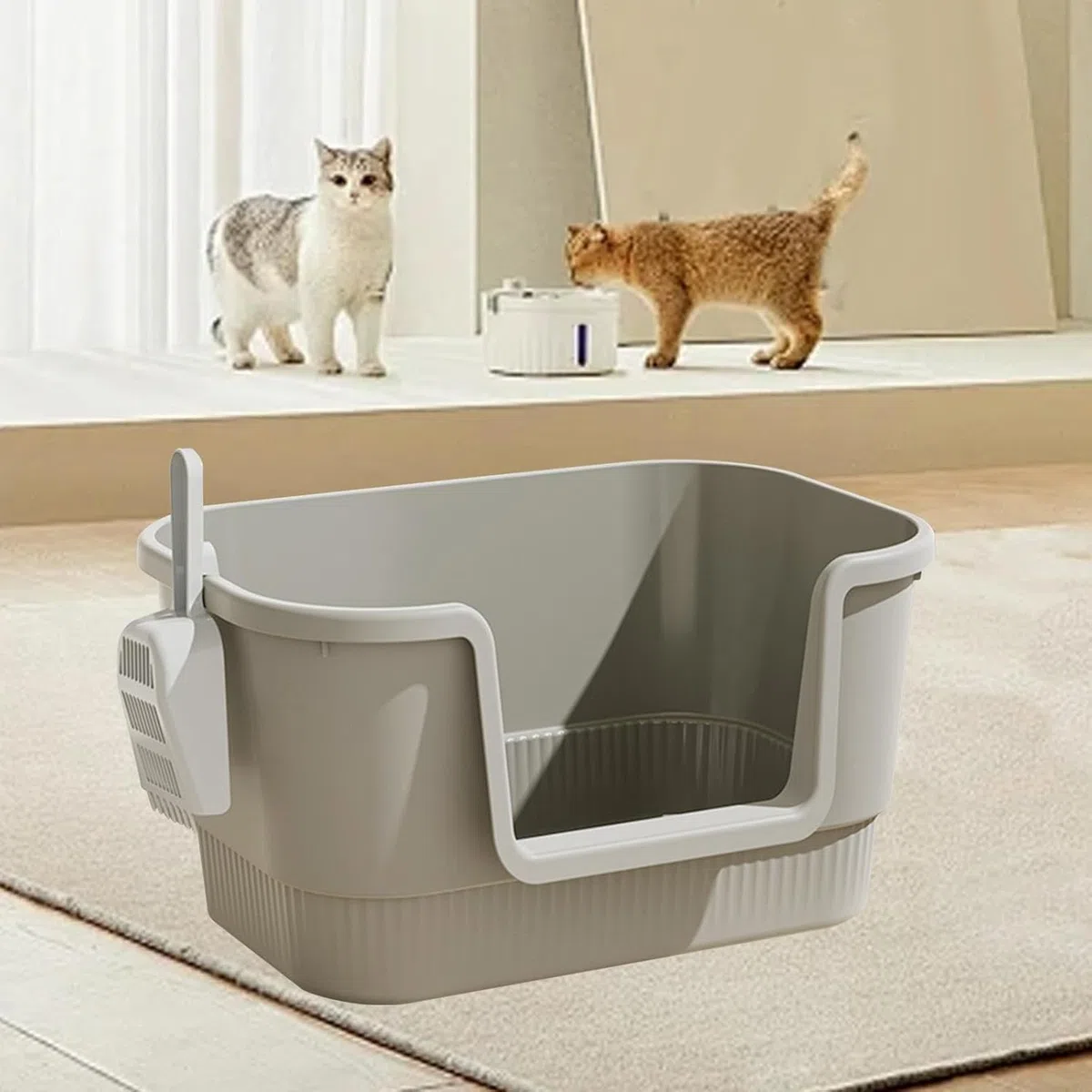 MEISO Toilette per Gatti con Vassoio e Paletta, Lettiera Aperta con Lati Alti per Tutti i Tipi di Gatto (Grigio)