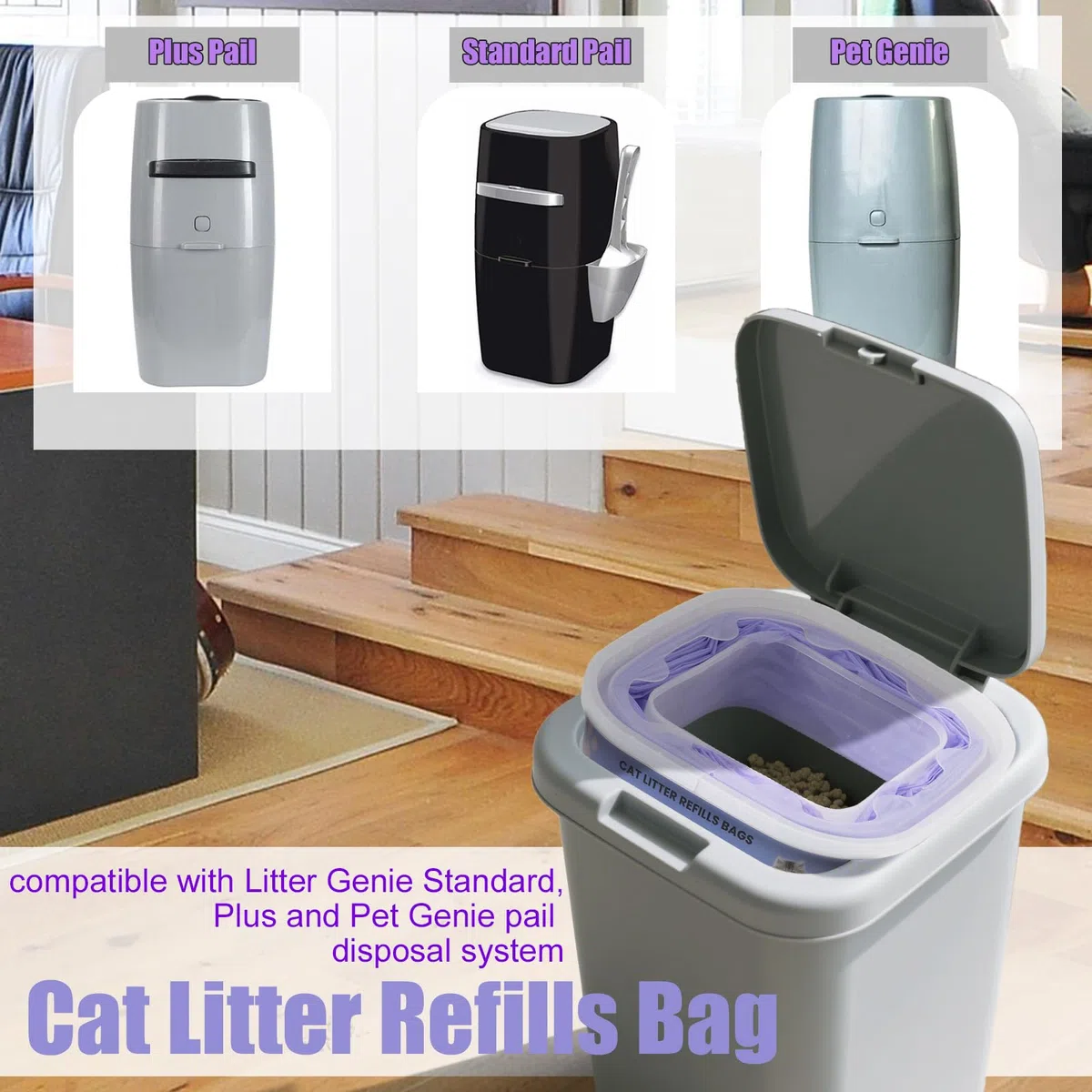 10 ricariche per lettiera,compatibili con i modelli Litter Genie Standard,Plus,XL e Style,Sacchetti di ricambio per lettiera per gatti,con potente azione deodorante, colore viola