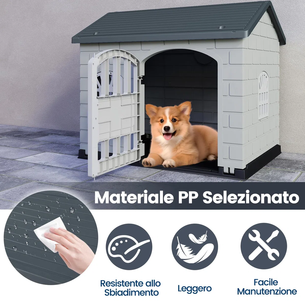 COSTWAY Cuccia per Cani da Esterno ed Interno, Casetta per Cani con Porta Bloccabile, 3 Finestre e Tetto Inclinato, Cucce in Plastica Impermeabile per Cagnolini Piccoli, 75 x 58 x 65 cm (Grigio)