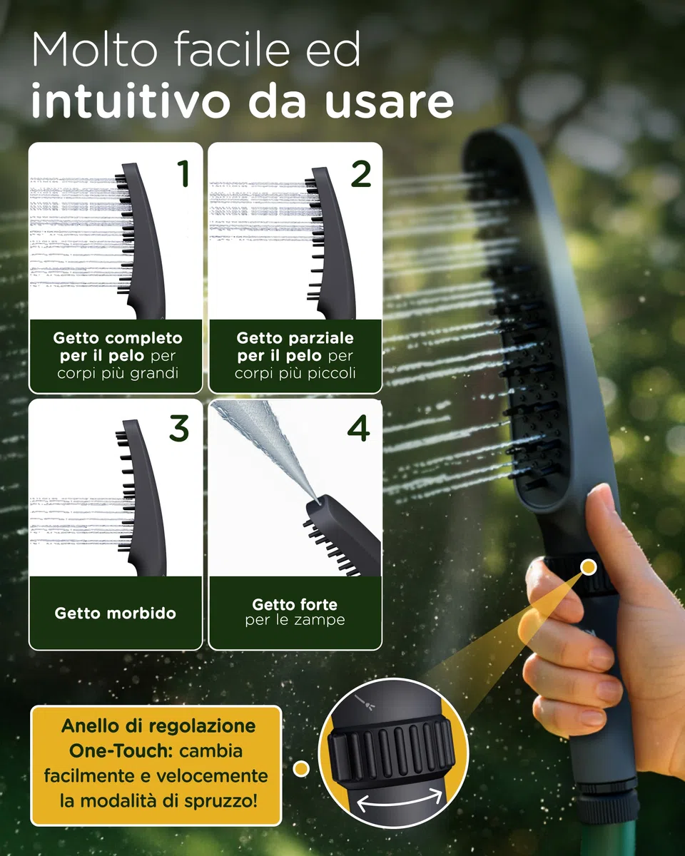 doccia KUNTO®: doccia per cani a 4 getti - setole in silicone per pulizia piacevole ed efficace del pelo. Adattatore per tubo da giardino