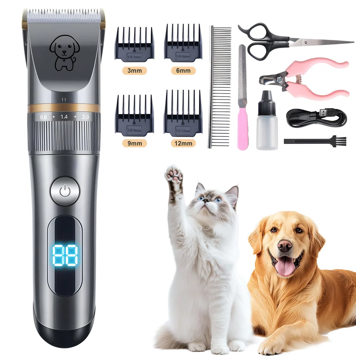 Tosatrice per Cani pelo Lungo Professionale, Animali Gatto Tosatore Elettrico, IPX7 Impermeabile Tosatore Rasoio, Ricaricabile, Basso Rumore, Schermo LED, Ricaricabile USB-C