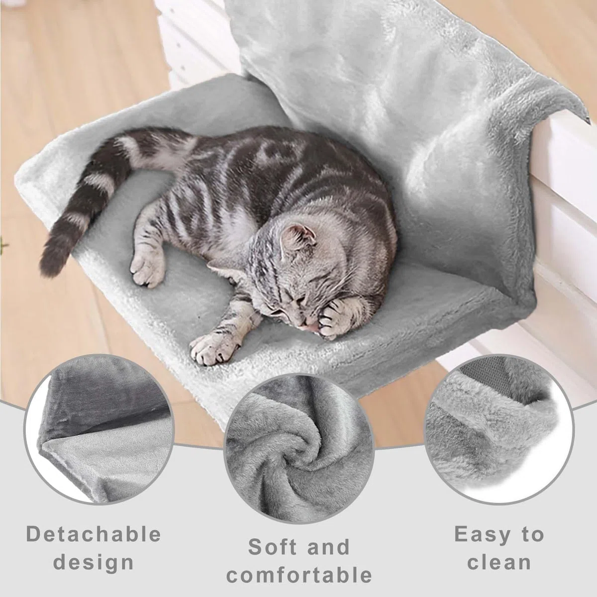 Letto accogliente per gatti, borsa per radiatore, tessuto di peluche, amaca per gatti, grigio quadrato, sospeso