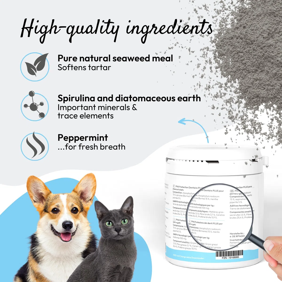 PHA - Protezione Dentale per Cani e Gatti: Polvere Naturale Contro tartaro, placca Dentale, alito Cattivo e placca, Polvere da 60 g