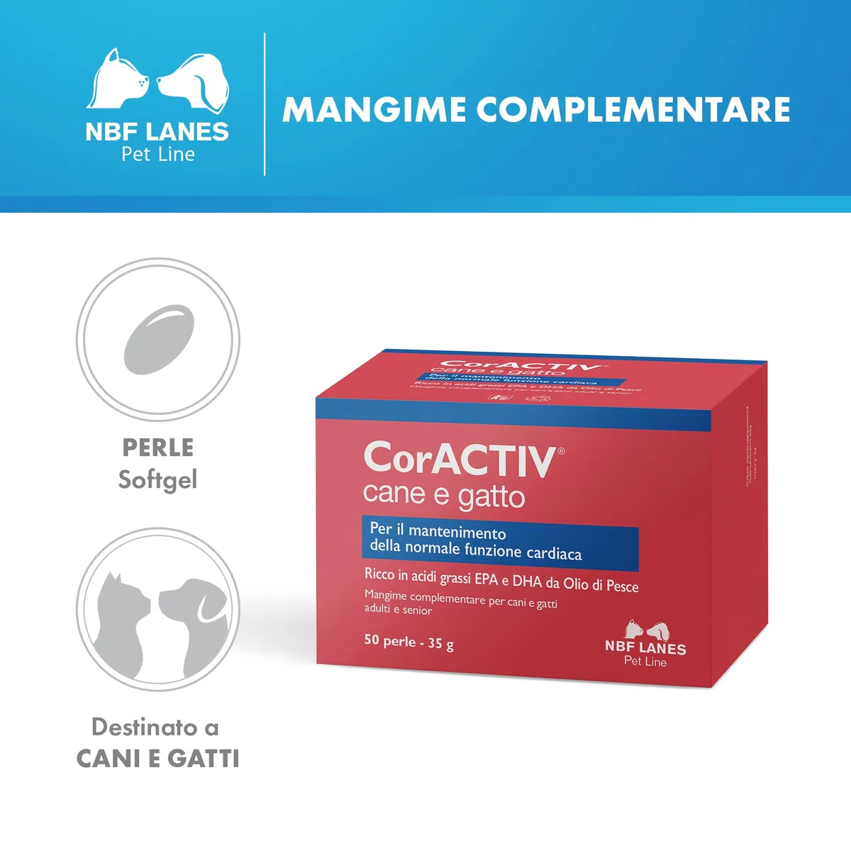 NBF Lanes | CorACTIV Cane e Gatto, 50 Perle Appetibili, per il Mantenimento della Normale Funzione Cardiaca di Cani e Gatti Adulti e Senior