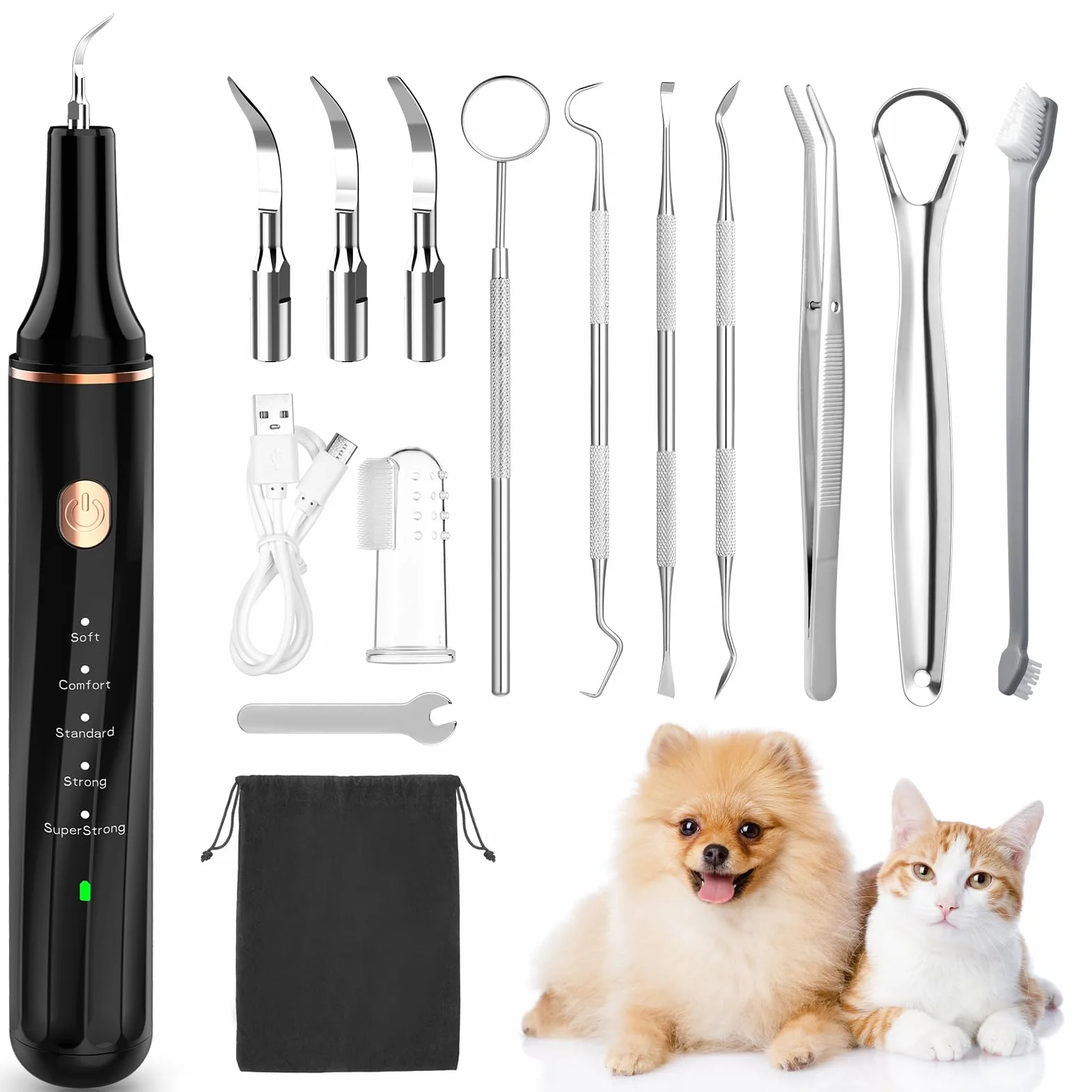 Kit Pulizia Denti Cane, 14 in 1 Spazzolino Ultrasuoni Cani con Luce LED, 5 Modalità Rimozione Elettrico Della Placca Dentale per Animali Domestici, Pulisci Togli Tartaro e Macchie per Cani(Nero)