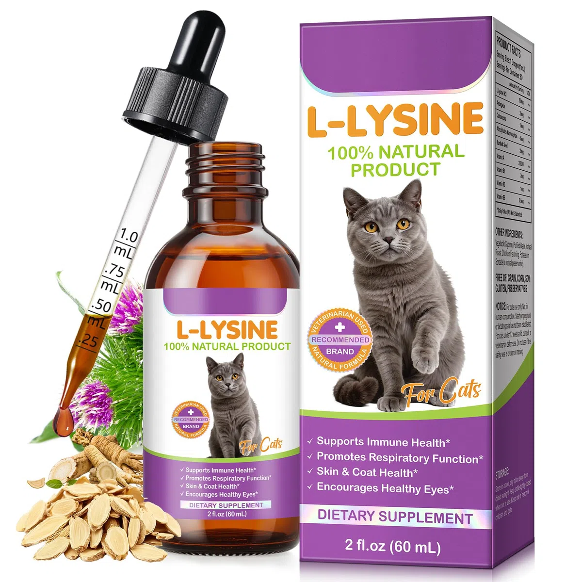 Gocce di L-lisina per gatti 60 ml - naturale sapore di pollo, 250 mg per dose, supporto immunitario e respiratorio, aiuto alla salute degli occhi e alle macchie di lacrime