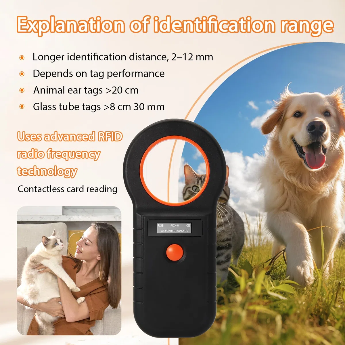 128 pezzi di memorizzazione di informazioni di giorno per cani/gatti, lettore di microchip RFID 134,2KHz, ISO11784/85/HFDX-B/EMID