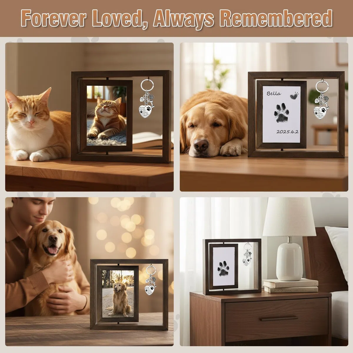 Set di Impronte per Cane e Gatto, Cornice Commemorativa per Cane e Gatto, 2 Cuscinetti per Impronte di Zampe di Animali, Set di Impronte per Neonati 0-6 Mesi, Mostra Due Immagini di 15x10 Cm