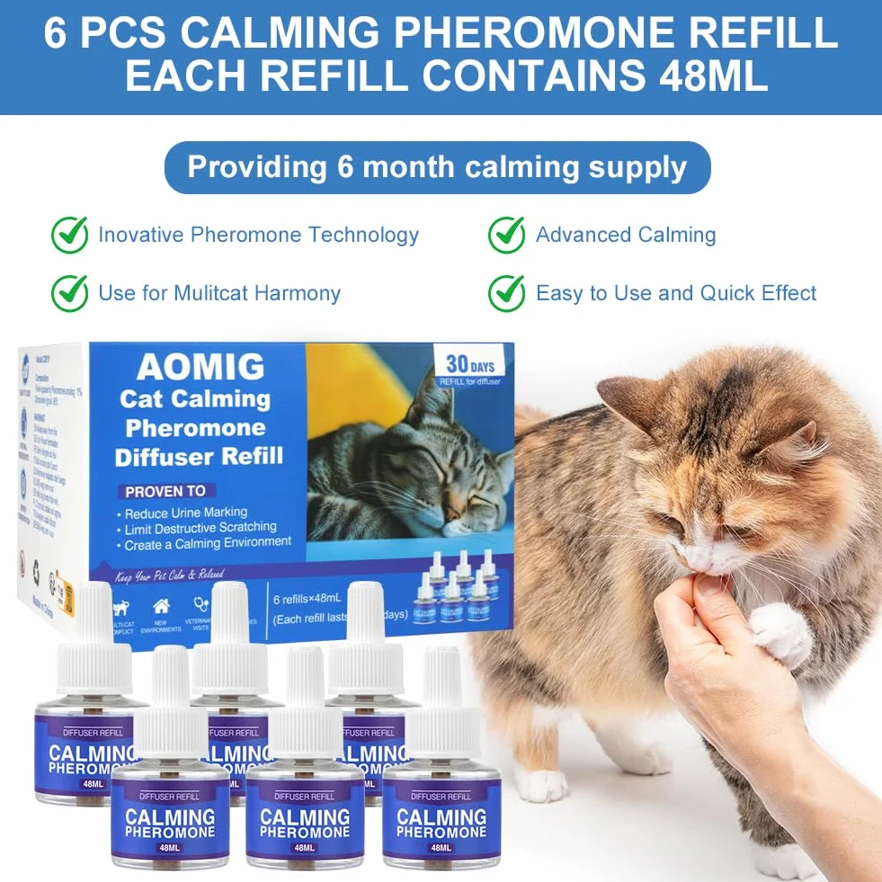 Aomig Calmante per Gattiper Antistress, 6 x Ricariche da 48 ml, Diffusore Calmante Gatti, Diffusore Feromoni per Gatti, Feromoni per Gatti