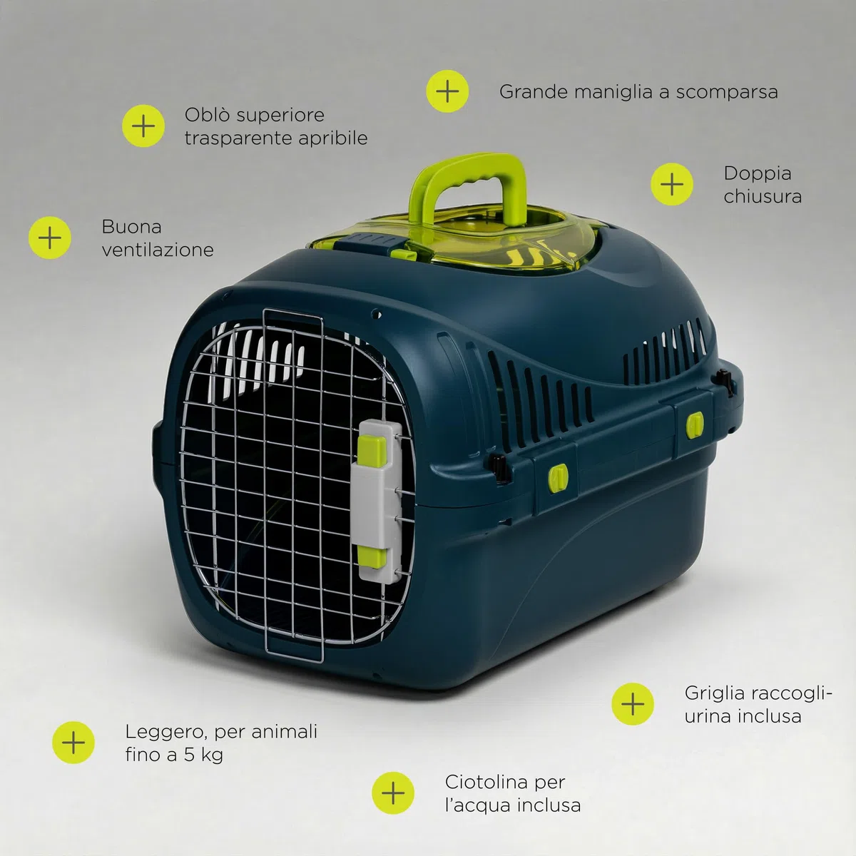 SAFY Trasportino Rigido per Gatti e Cani fino a 5 kg per Auto, Ventilato, Facile da Pulire, con Apertura Superiore per Controllo, Maniglia, Porta in Metallo con Doppia Sicura e Ciotola Inclusa