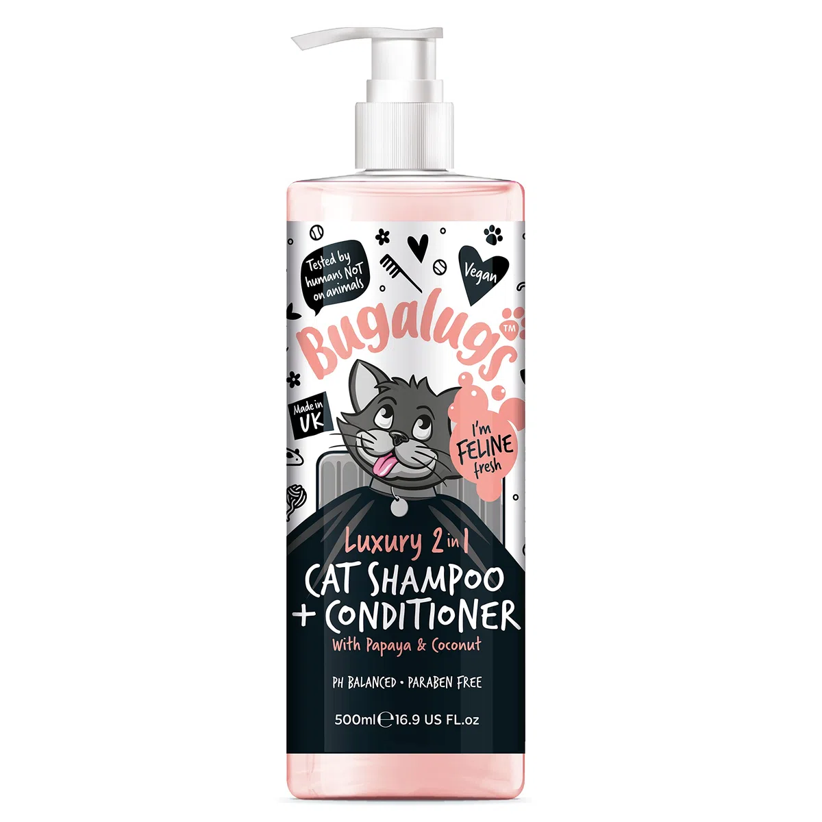 Bugalugs Shampoo e balsamo per gatti 2 in 1. Detergente, nutriente e condizionante per tutti i peli di gatto. Profumo calmante alla papaya e cocco. Per tutti i gatti e gattini. Toelettatura di gatti e