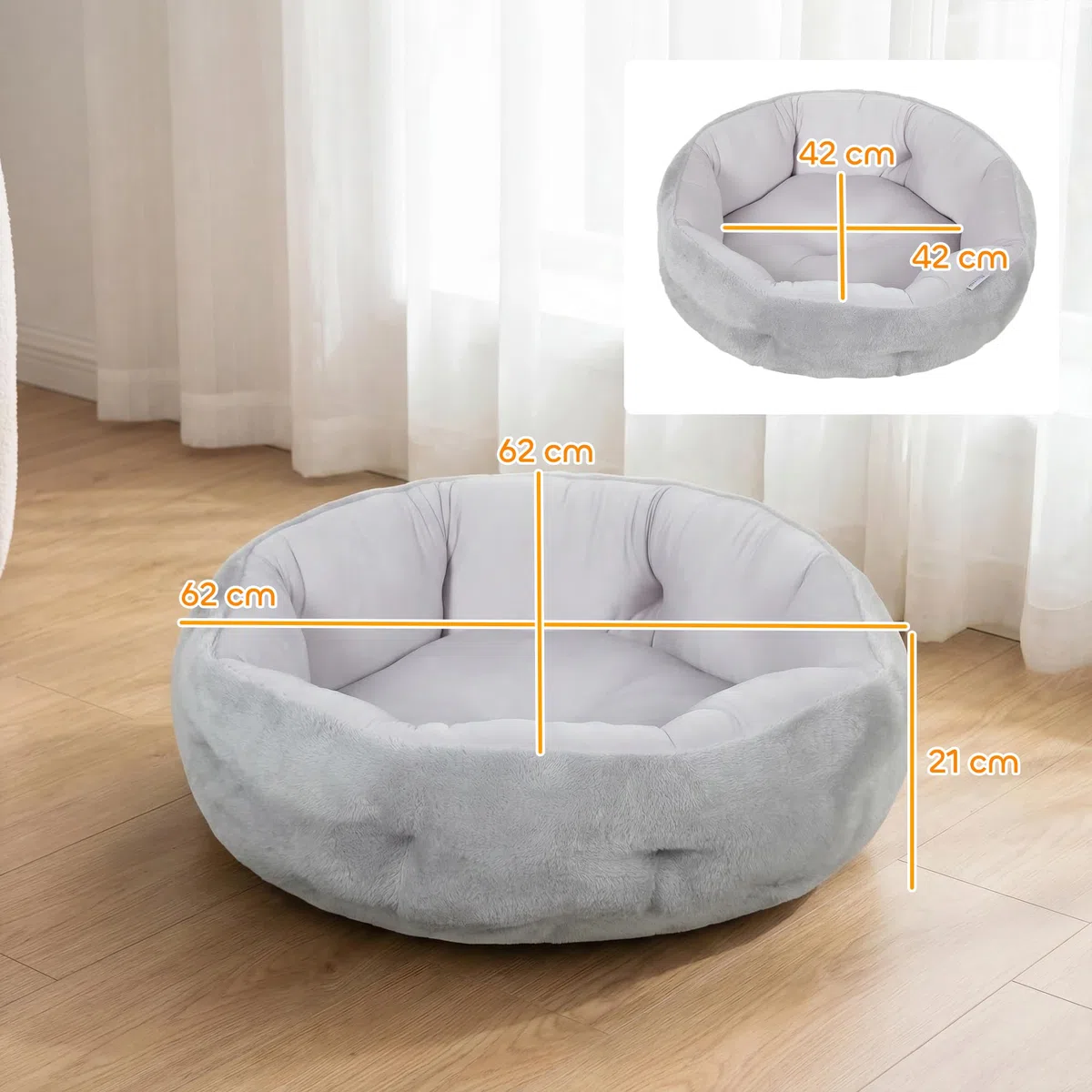 PawHut Letto per Gatti in Peluche, Cuccia per Gatti Rotondo con Bordo di Supporto, Uso su Entrambi i Lati, 62x62x21 cm, Grigio Chiaro