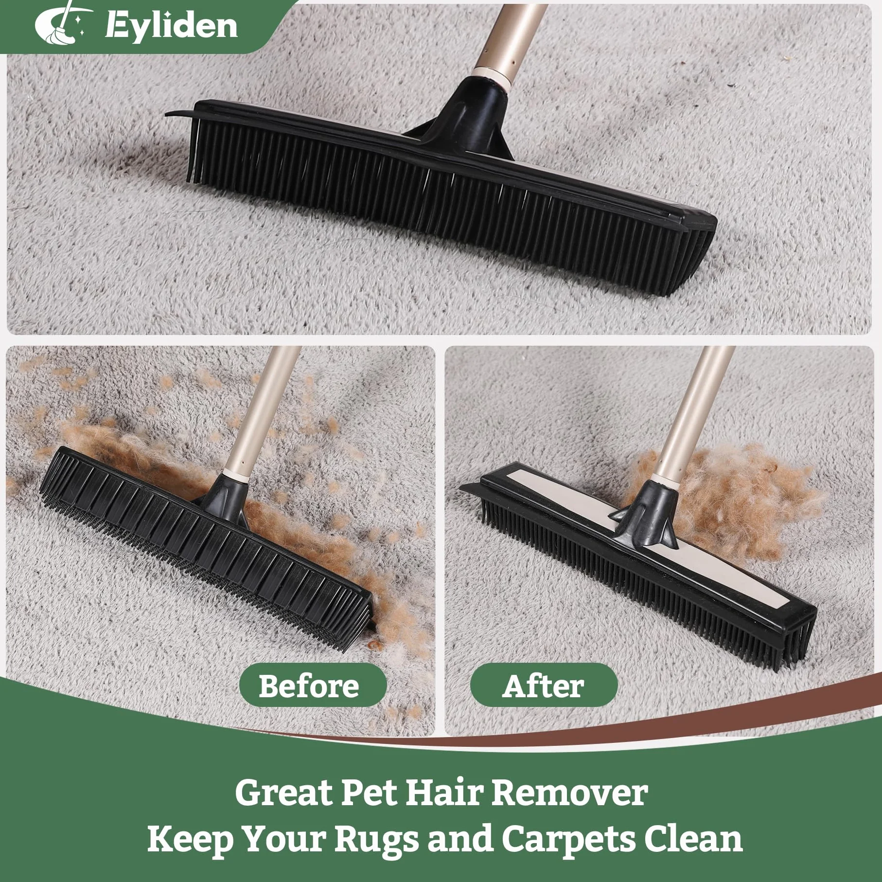 Eyliden Rastrello in gomma per peli di animali domestici, scopa 2 in 1 con tergivetro, manico telescopico da 137,2 cm, spazzola per rimuovere l'acqua dalla pelliccia per tappeti, tappeti, legno duro